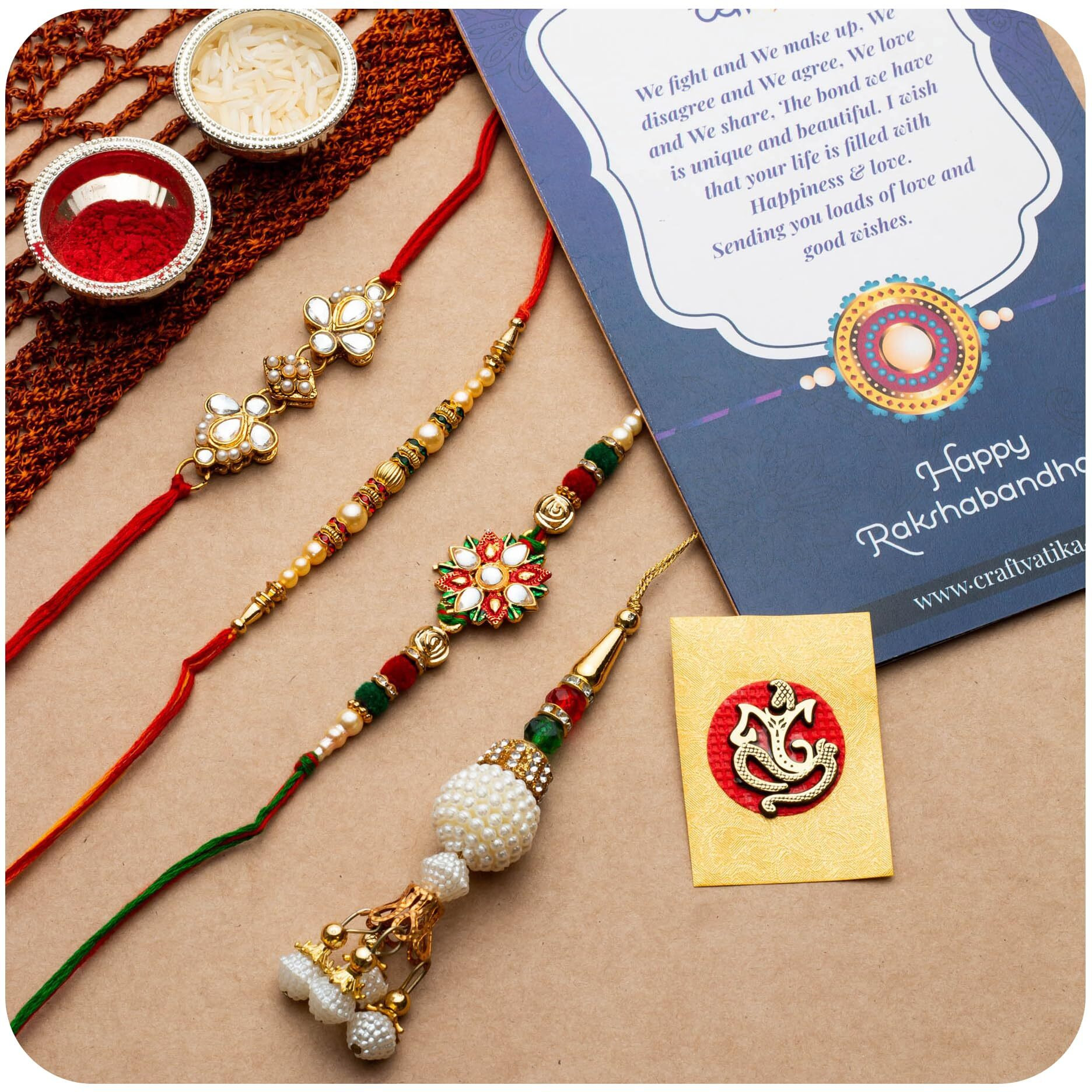 Craftvatika Combo Of 4 Kundan Rakhi For Brother, Bhaiya, Kids And Bhabhi, Rakshabandhan Gift Card/Bhabhi Lumba Rakhi/Kundan Rakhi Gifts (Rakhi231)