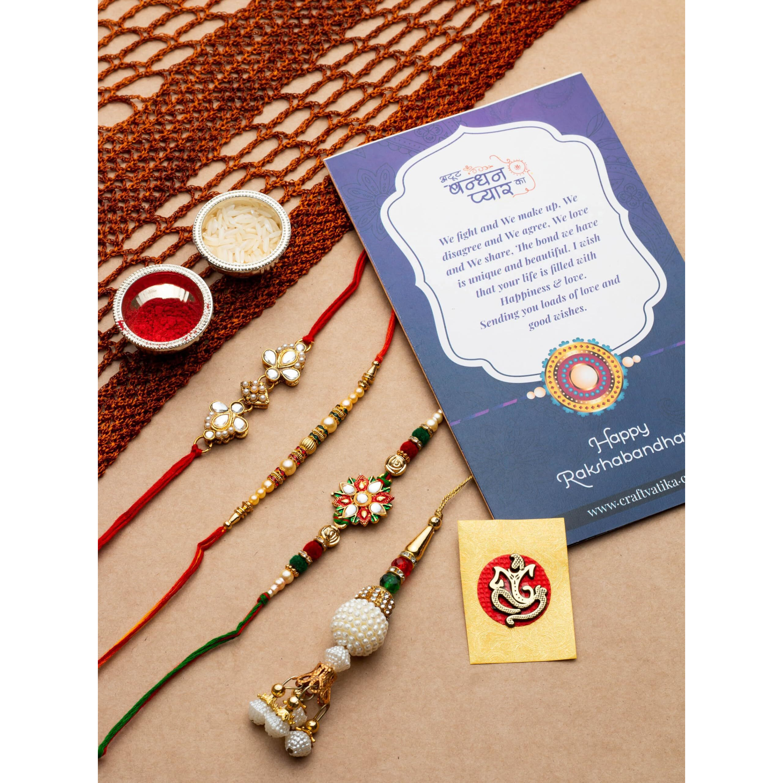 Craftvatika Combo Of 4 Kundan Rakhi For Brother, Bhaiya, Kids And Bhabhi, Rakshabandhan Gift Card/Bhabhi Lumba Rakhi/Kundan Rakhi Gifts (Rakhi231)