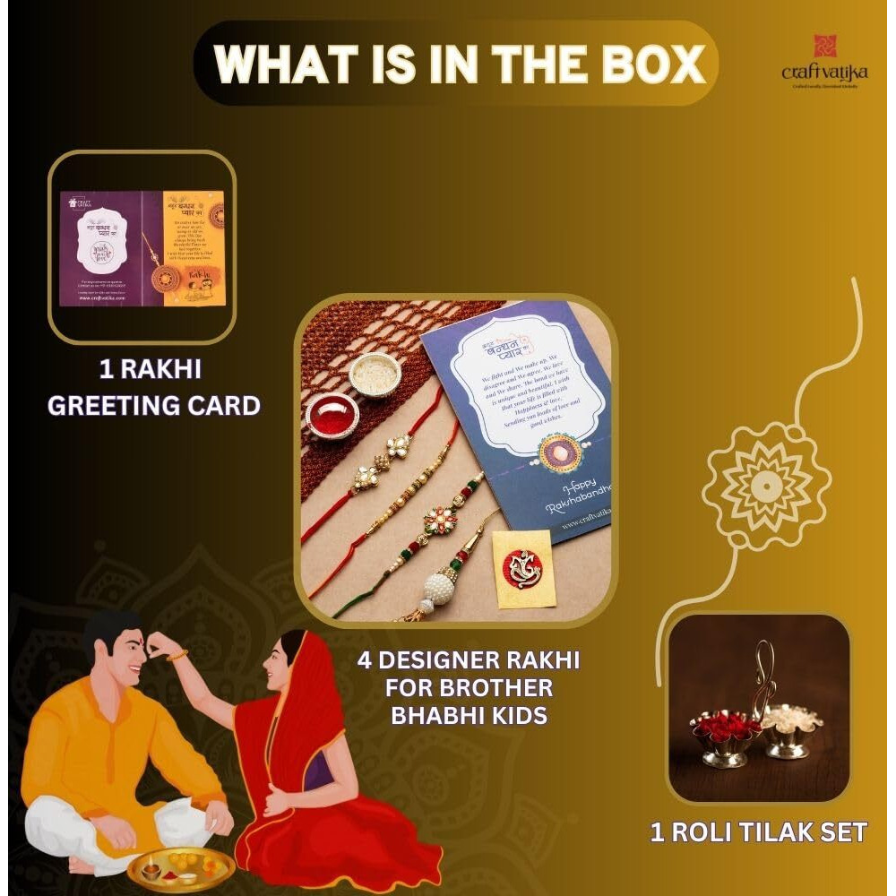 Craftvatika Combo Of 4 Kundan Rakhi For Brother, Bhaiya, Kids And Bhabhi, Rakshabandhan Gift Card/Bhabhi Lumba Rakhi/Kundan Rakhi Gifts (Rakhi231)