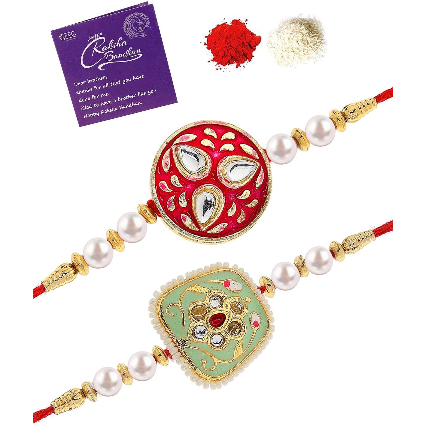 Sukkhi Rakhi Handmade Kundan & Pearls Designer Meenakari Gold Plated Premium Rakhi For Brother, Roli Chawal & Greeting Card|Rakhi For Brother/Bhaiya/Bhai/Men|Rakhi Combo-Set Of 2|Cbrak106964