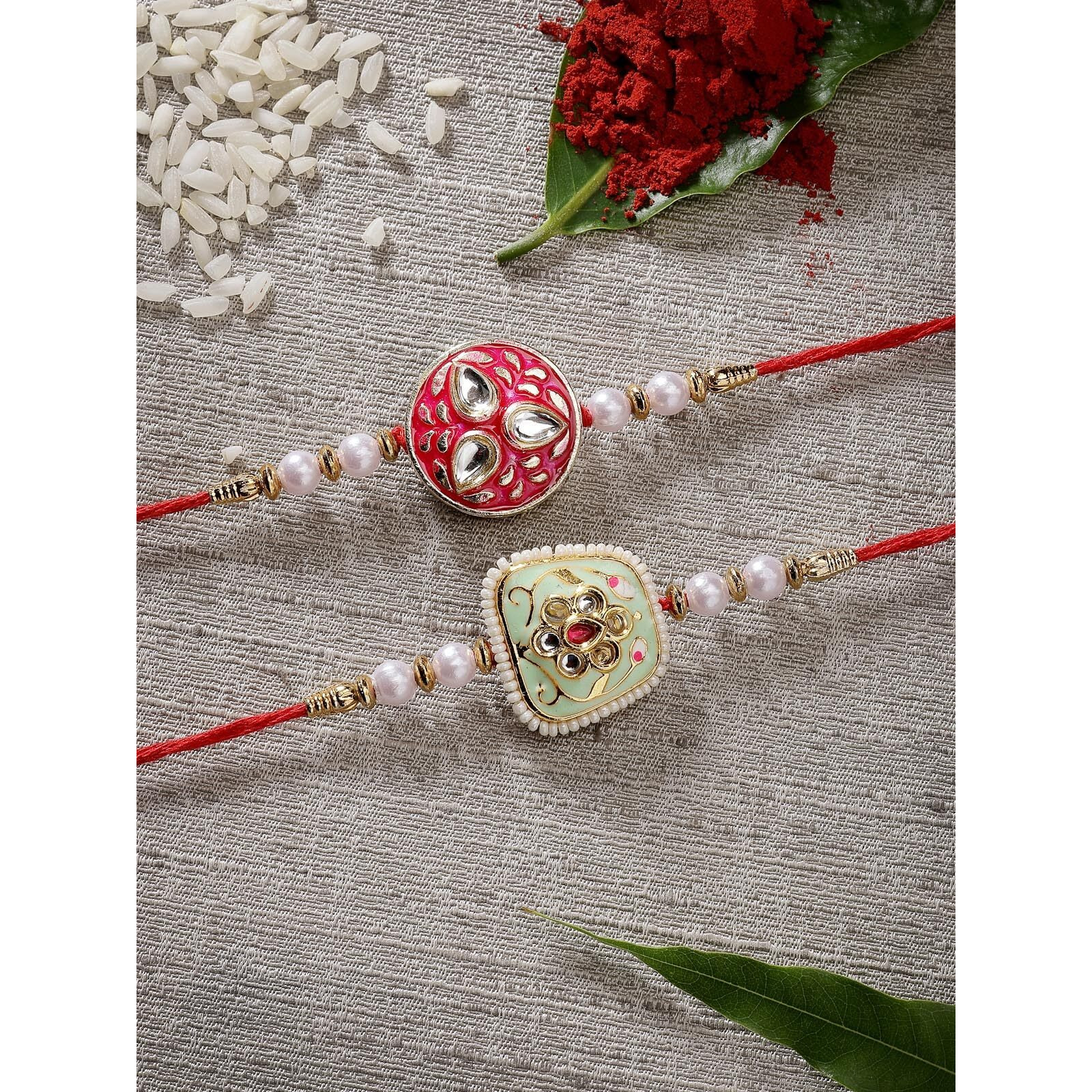 Sukkhi Rakhi Handmade Kundan & Pearls Designer Meenakari Gold Plated Premium Rakhi For Brother, Roli Chawal & Greeting Card|Rakhi For Brother/Bhaiya/Bhai/Men|Rakhi Combo-Set Of 2|Cbrak106964