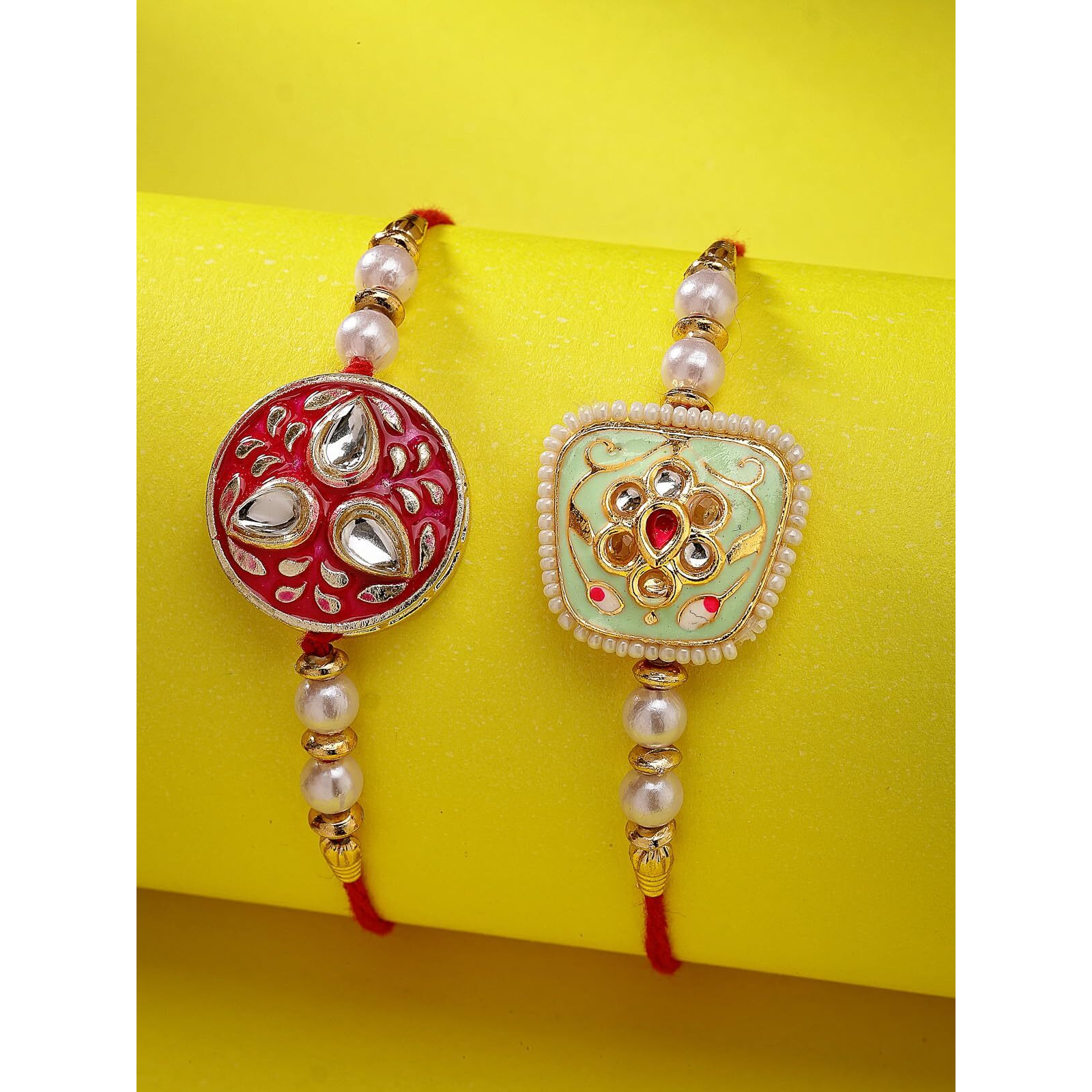 Sukkhi Rakhi Handmade Kundan & Pearls Designer Meenakari Gold Plated Premium Rakhi For Brother, Roli Chawal & Greeting Card|Rakhi For Brother/Bhaiya/Bhai/Men|Rakhi Combo-Set Of 2|Cbrak106964