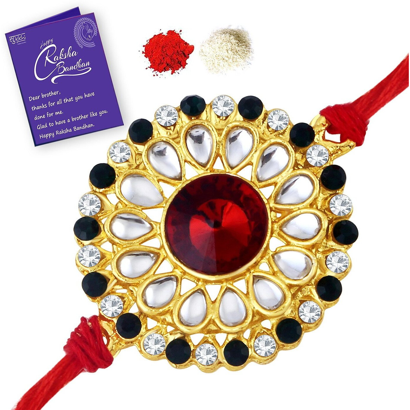 Sukkhi Rakhi Exquisite Kundan Designer Gold Plated Premium Rakhi For Brother With Roli Chawal & Greeting Card | Rakhi For Bhaiya | Rakhi For Men | Kundan Rakhi | (Rak73432)