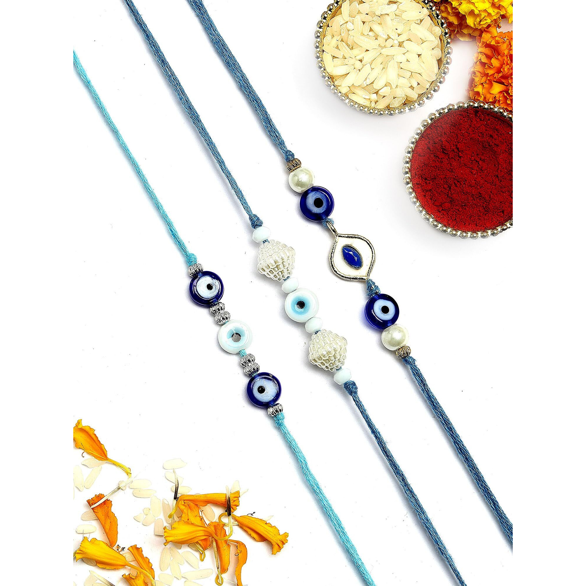 Karatcart Set Of 3 Handmade Meenakari Evil Eye Kundan Rakhis For Brother With Roli & Chawal