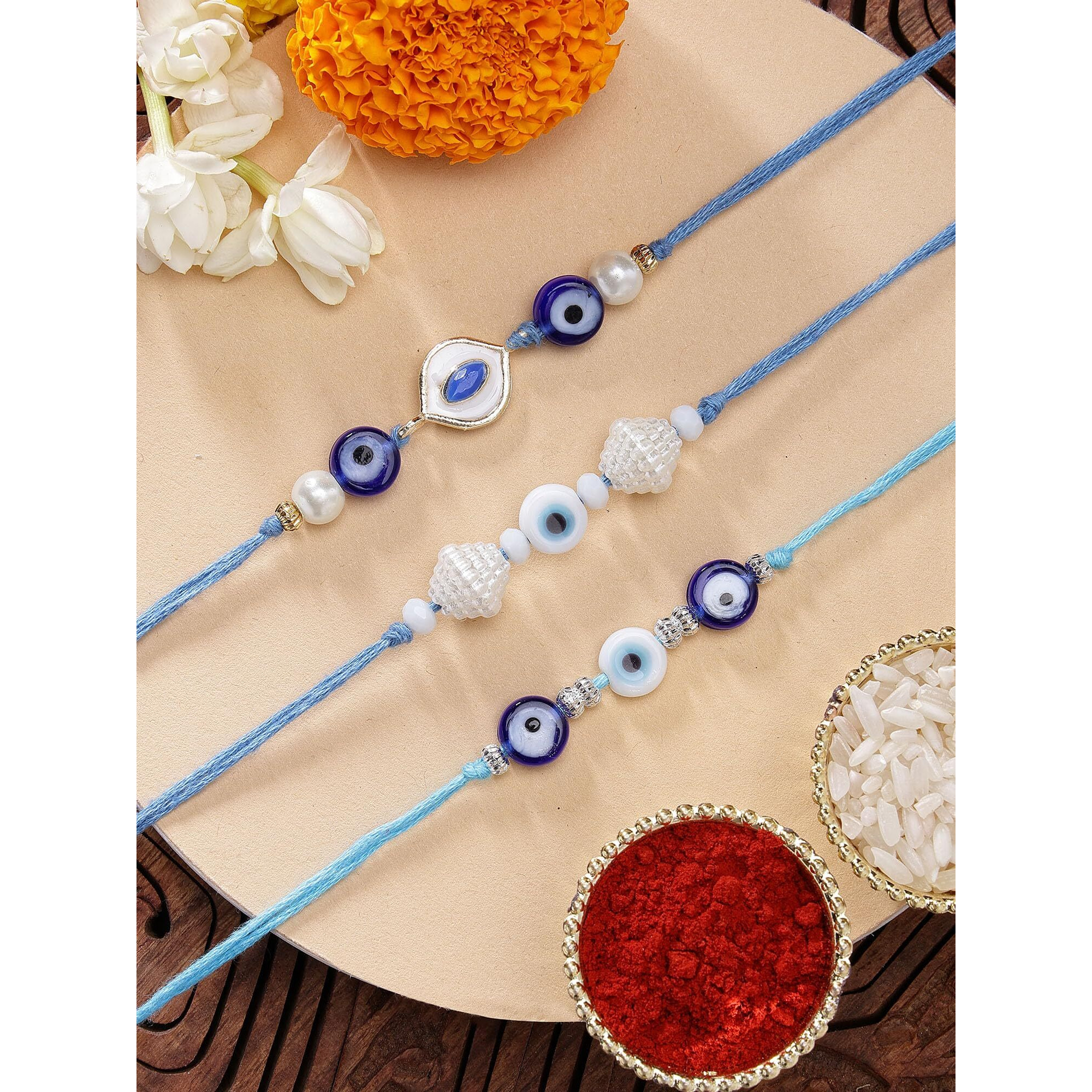 Karatcart Set Of 3 Handmade Meenakari Evil Eye Kundan Rakhis For Brother With Roli & Chawal