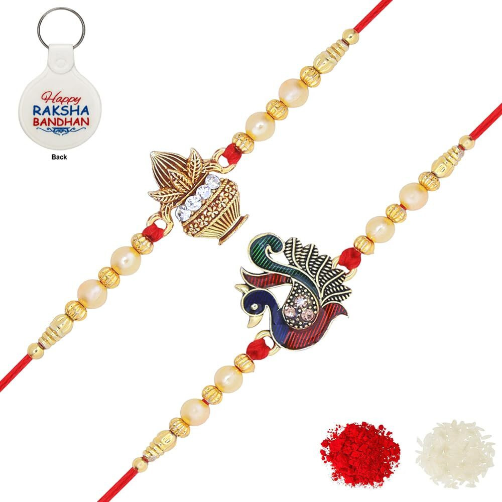 Riddhika Ventures Stunning Gold Plated Designer Brother's Rakhi (Set Of 2) With Roli Chawal, Greeting Card And And One Motivational Keychain (M1P7K)