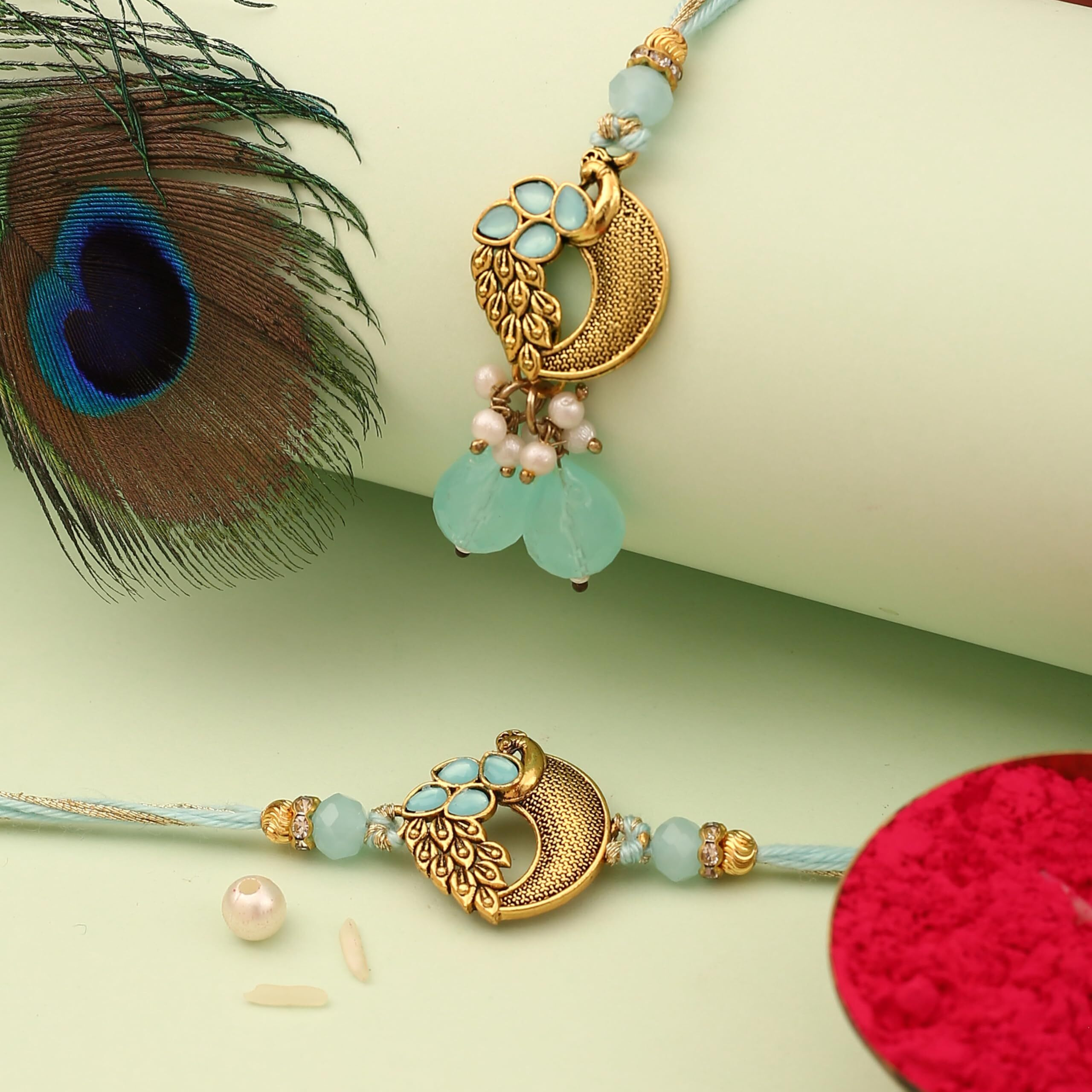 The Purple Tree Blue Peacock Rakhi For Bhaiya Bhabhi With Roli Chawal And Card (Pack Of 2), Handmade Rakhi, Rakshabandhan Gift For Sister In Law, Best Rakhi For Bhaiya Bhabhi