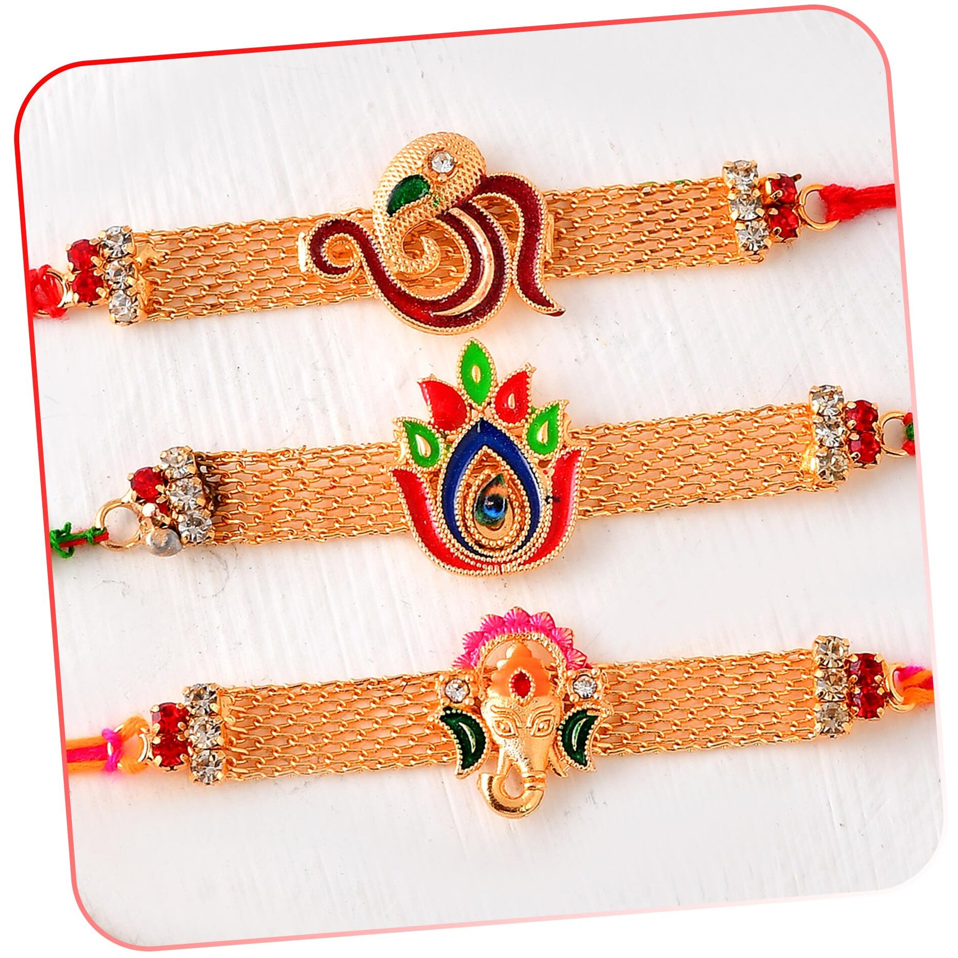 Craftvatika Rakhi Set For Brother | Rakhi For Brother Set Of 3, Ganesha, Om And Lotus Rakhi For Bhai Boy Men Bhaiya | Bracelet Rakhis, Rakshabandhan Rakhis With Best Wishes Card Tilak Set