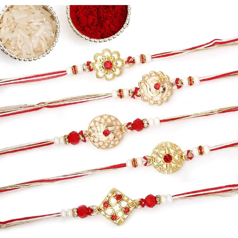 The Purple Tree Designer Floral Kundan Rakhi Set For Bhai With Roli Chawal And Card (Pack Of 5), Handmade Rakhi For Brother, Rakshabandhan Gift For Bhai, Best Rakhi For Bhaiya