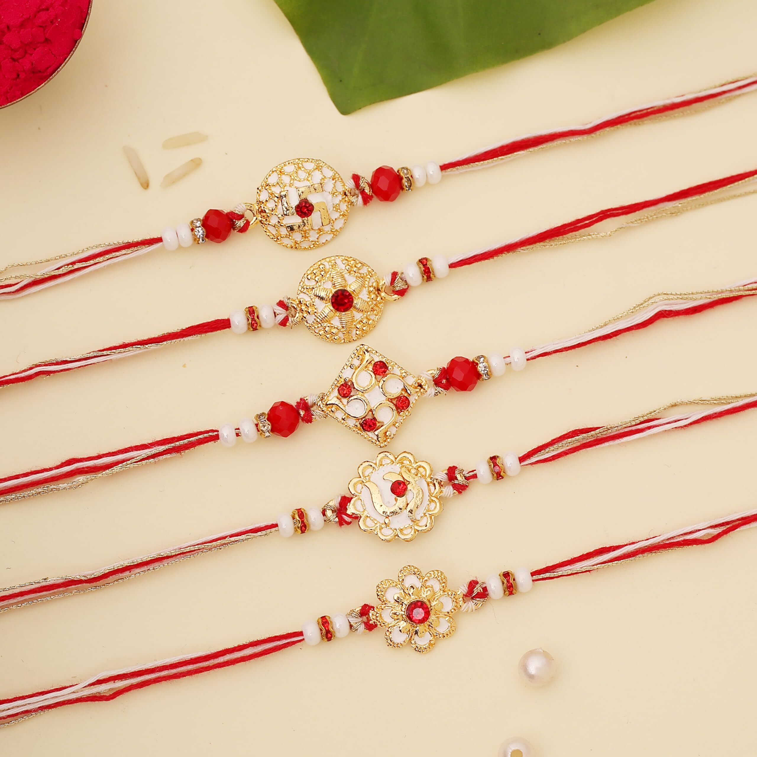 The Purple Tree Designer Floral Kundan Rakhi Set For Bhai With Roli Chawal And Card (Pack Of 5), Handmade Rakhi For Brother, Rakshabandhan Gift For Bhai, Best Rakhi For Bhaiya