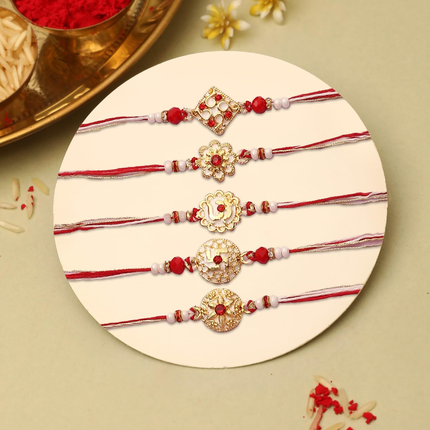 The Purple Tree Designer Floral Kundan Rakhi Set For Bhai With Roli Chawal And Card (Pack Of 5), Handmade Rakhi For Brother, Rakshabandhan Gift For Bhai, Best Rakhi For Bhaiya