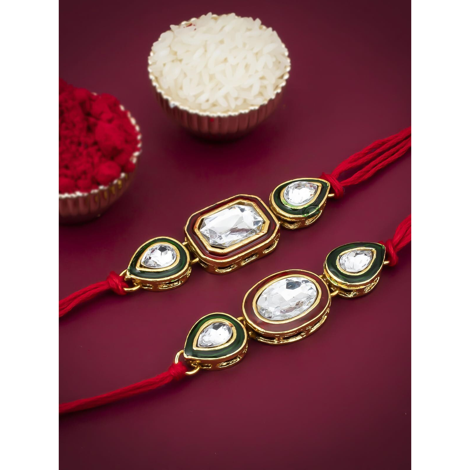 Sukkhi Rakhi For Brother Ethnic Kundan Combo & Designer Gold Plated With Roli Chawal & Greeting Card|Set Of 2|Cb73443