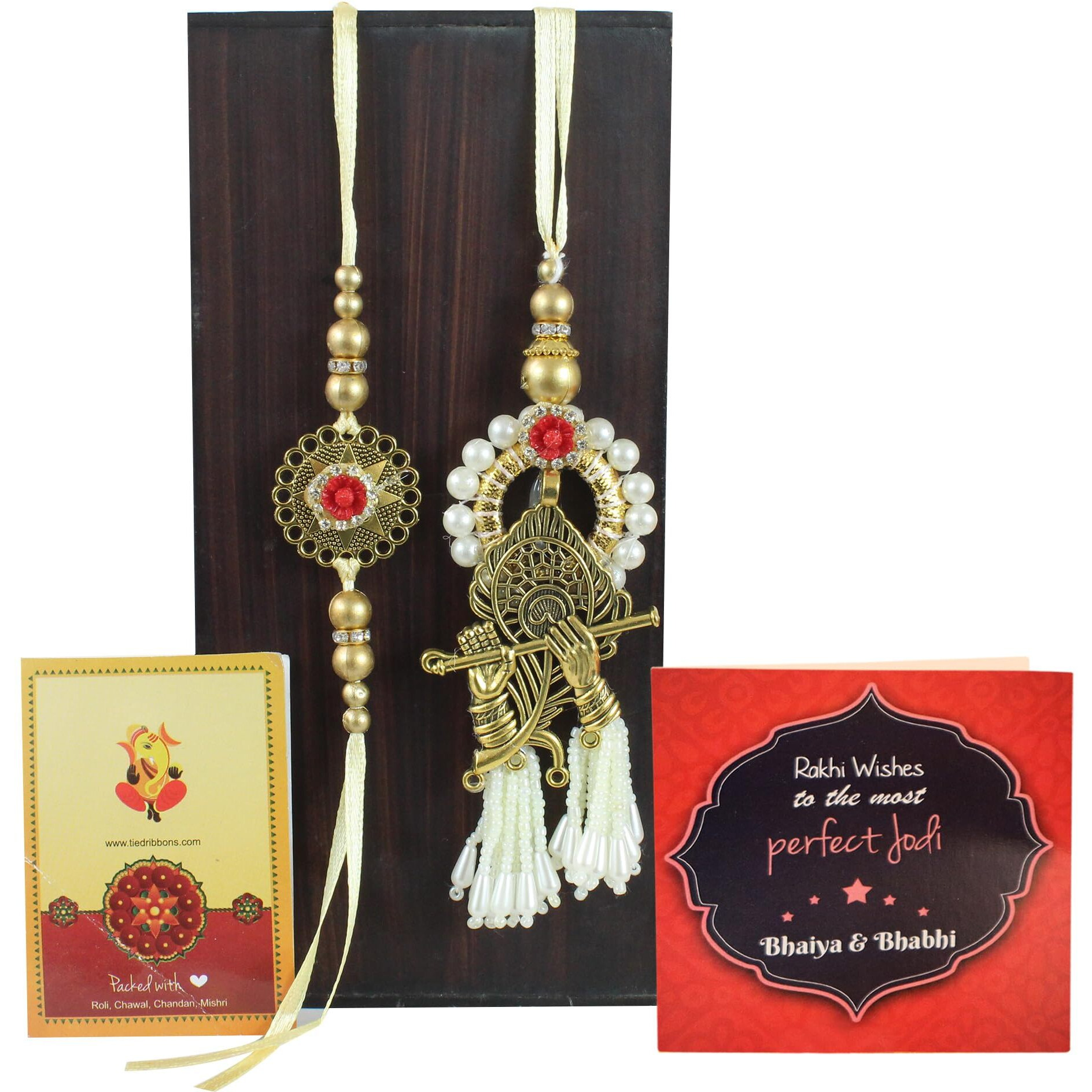 Tied Ribbons Unisex Adult Rakhi For Brother And Bhabhi - Traditional Rakhi Set Of 2 With Greeting Card And Tikka - Bracelet Lumba Rakhi For Bhaiya Bhabhi - Rakhis For Rakshabandhan Couple