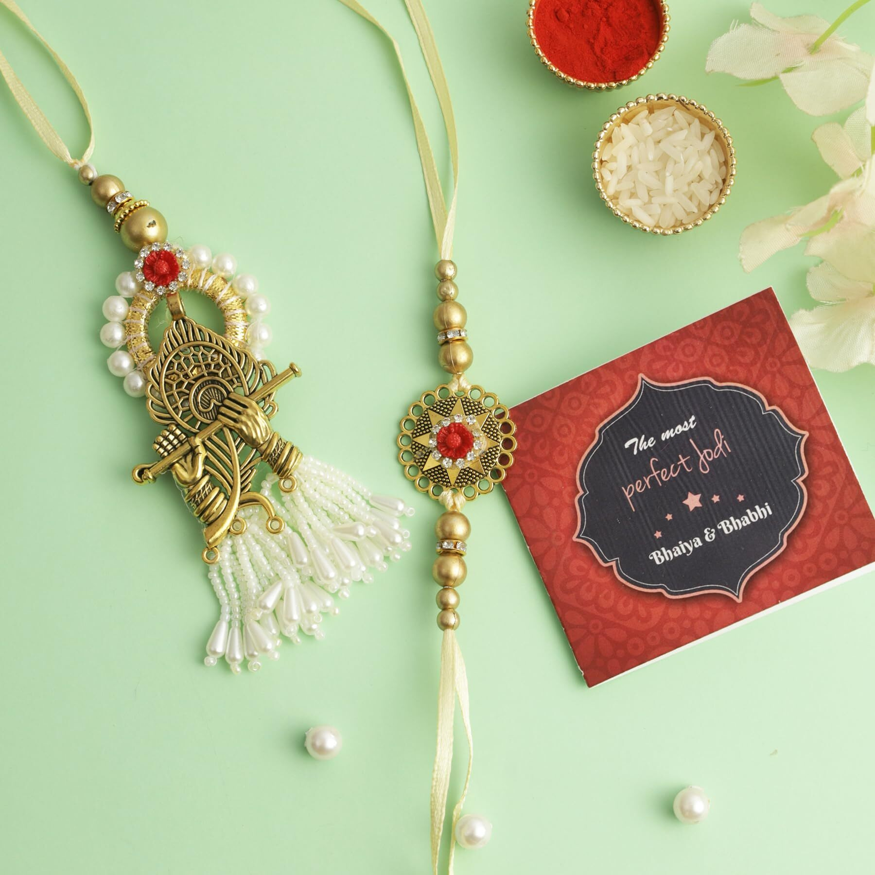 Tied Ribbons Unisex Adult Rakhi For Brother And Bhabhi - Traditional Rakhi Set Of 2 With Greeting Card And Tikka - Bracelet Lumba Rakhi For Bhaiya Bhabhi - Rakhis For Rakshabandhan Couple