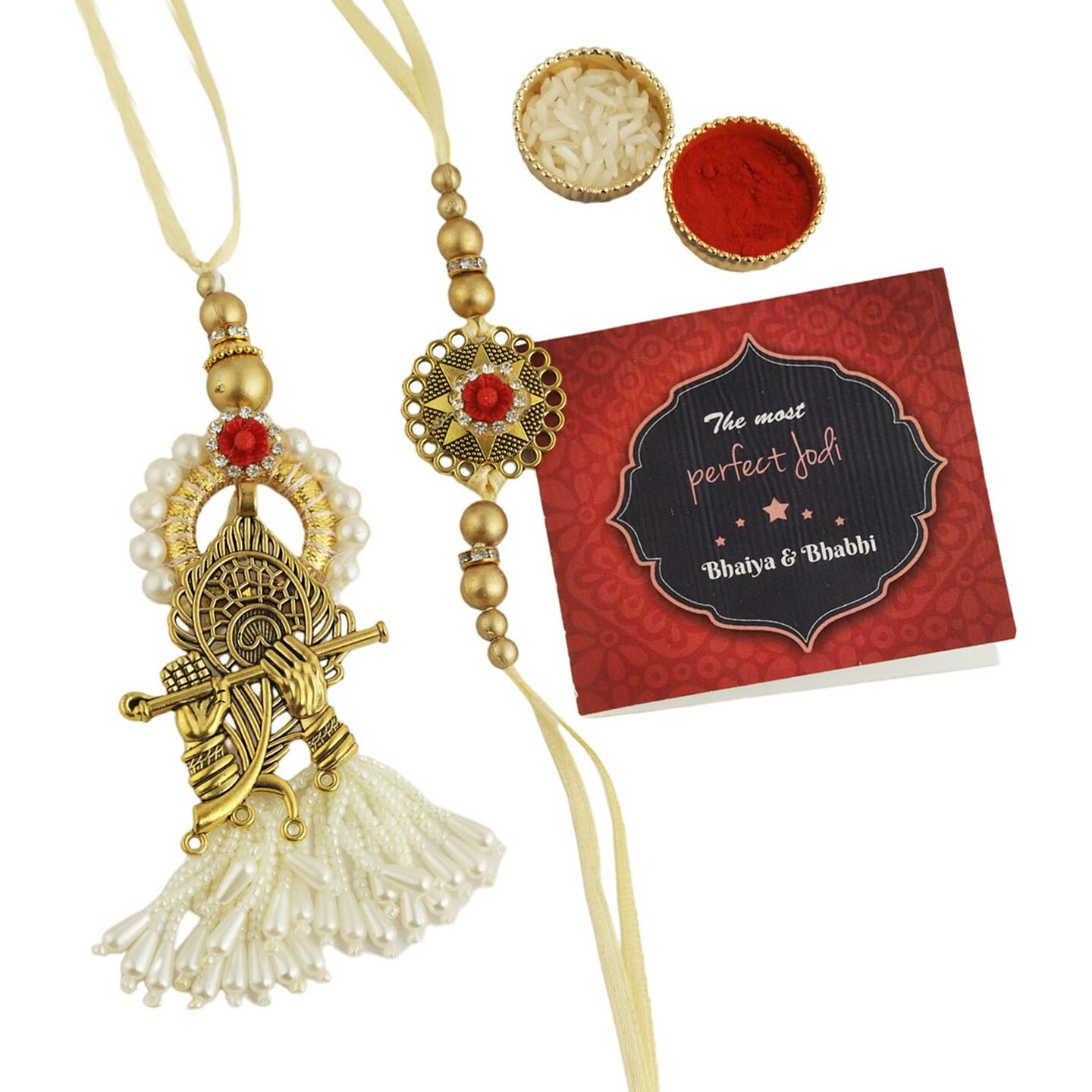 Tied Ribbons Unisex Adult Rakhi For Brother And Bhabhi - Traditional Rakhi Set Of 2 With Greeting Card And Tikka - Bracelet Lumba Rakhi For Bhaiya Bhabhi - Rakhis For Rakshabandhan Couple