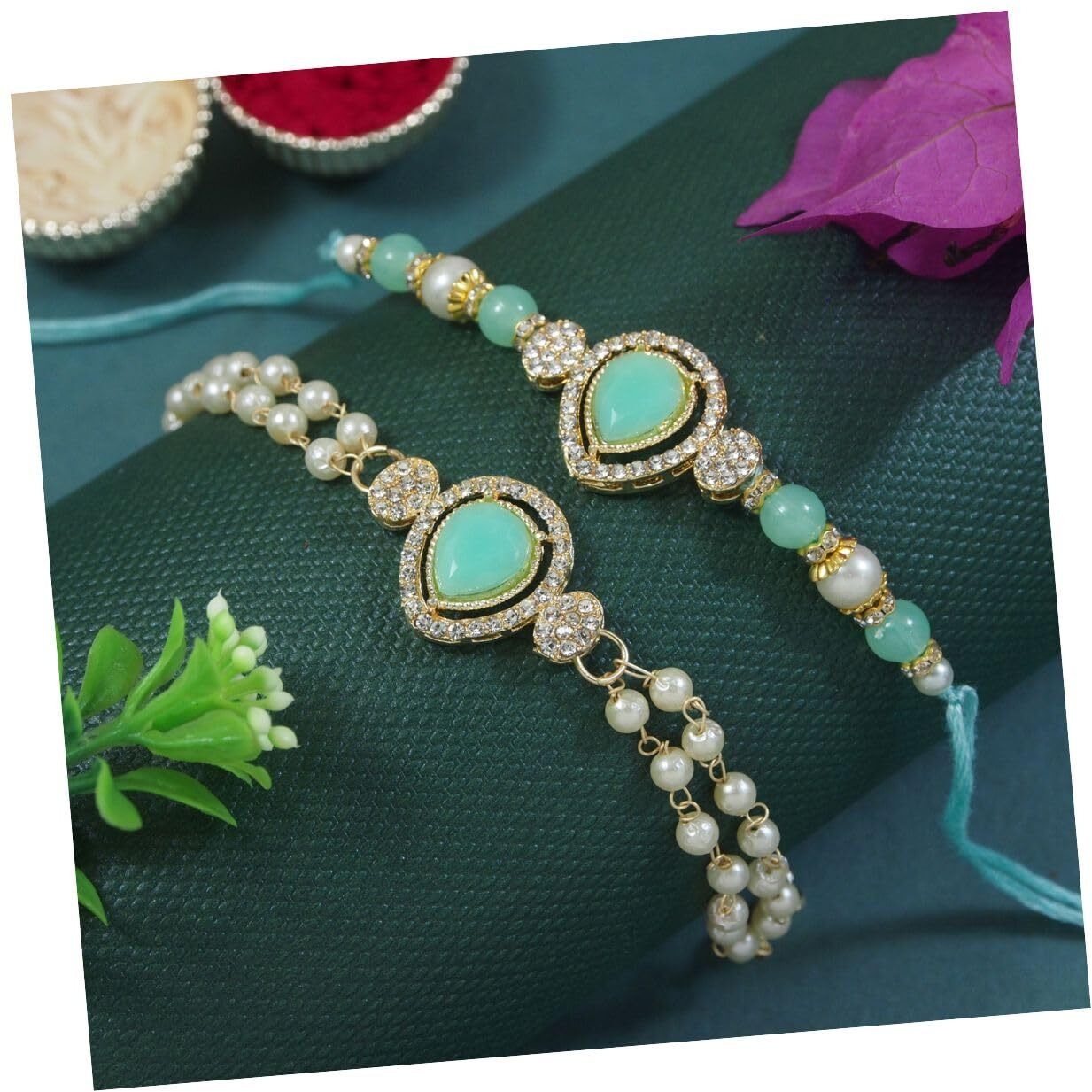 I Jewels Kundan & Pearl Bhaiya Bhabhi Lumba Rakhi Set With Roli Chawal & Rakshabandhan Card For Brother/Bro/Men (R146) (Mint)