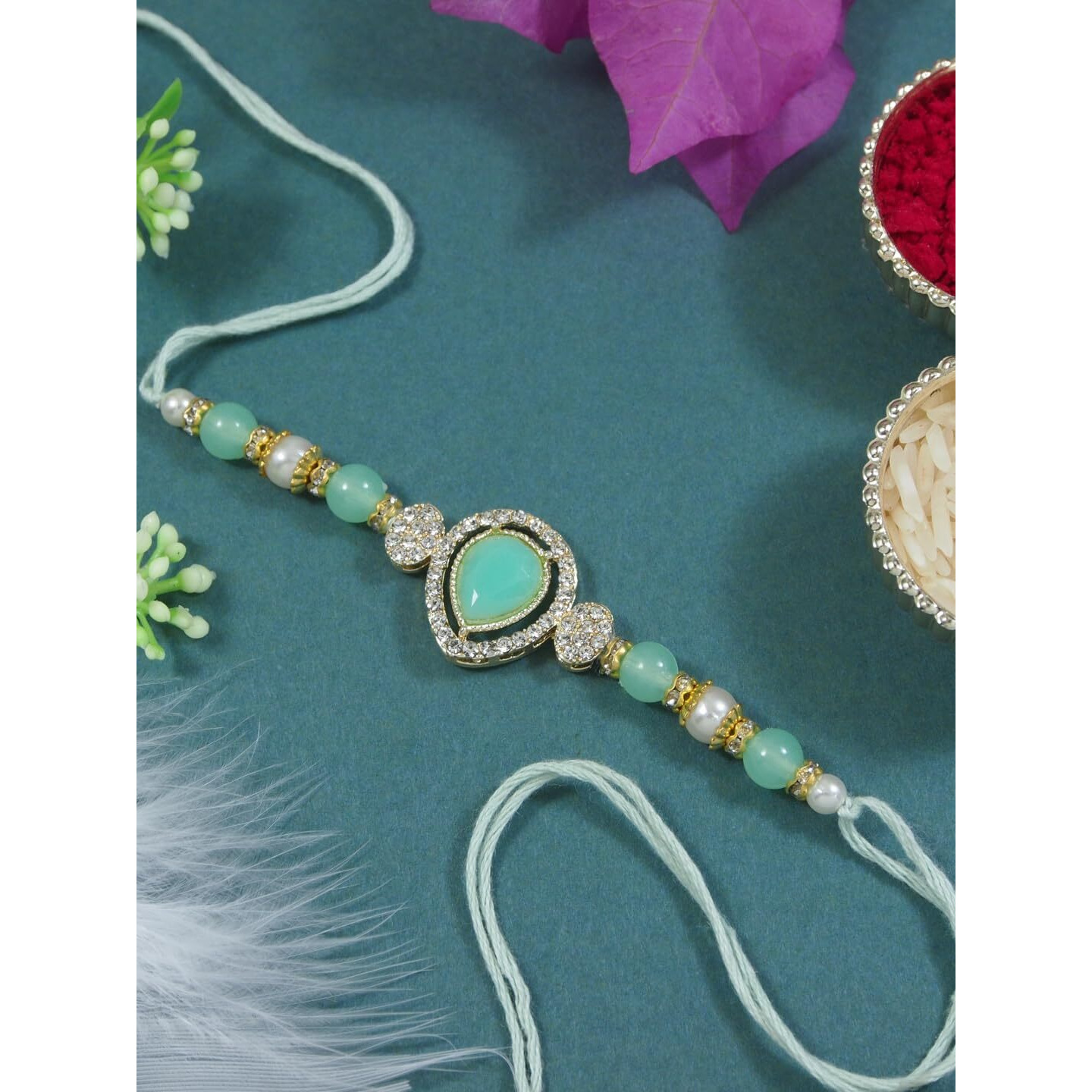 I Jewels Kundan & Pearl Bhaiya Bhabhi Lumba Rakhi Set With Roli Chawal & Rakshabandhan Card For Brother/Bro/Men (R146) (Mint)