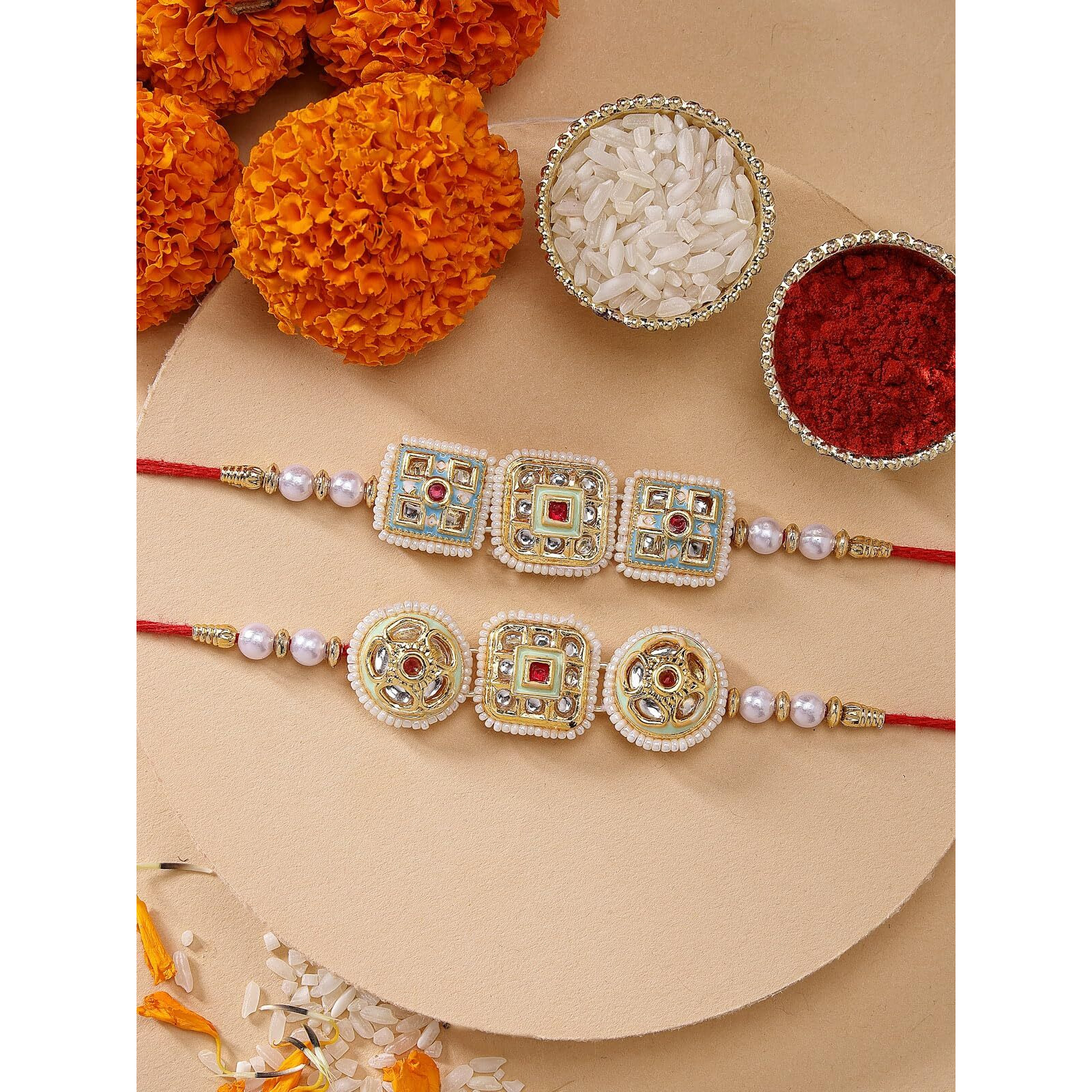 Sukkhi Rakhi Charming Kundan & Beads Designer Meenakari Gold Plated Premium Rakhi For Brother With Roli Chawal & Greeting Card|Rakhi For Brother/Bhaiya/Bhai/Men|Rakhi Combo-Set Of 2|Cbrak106947