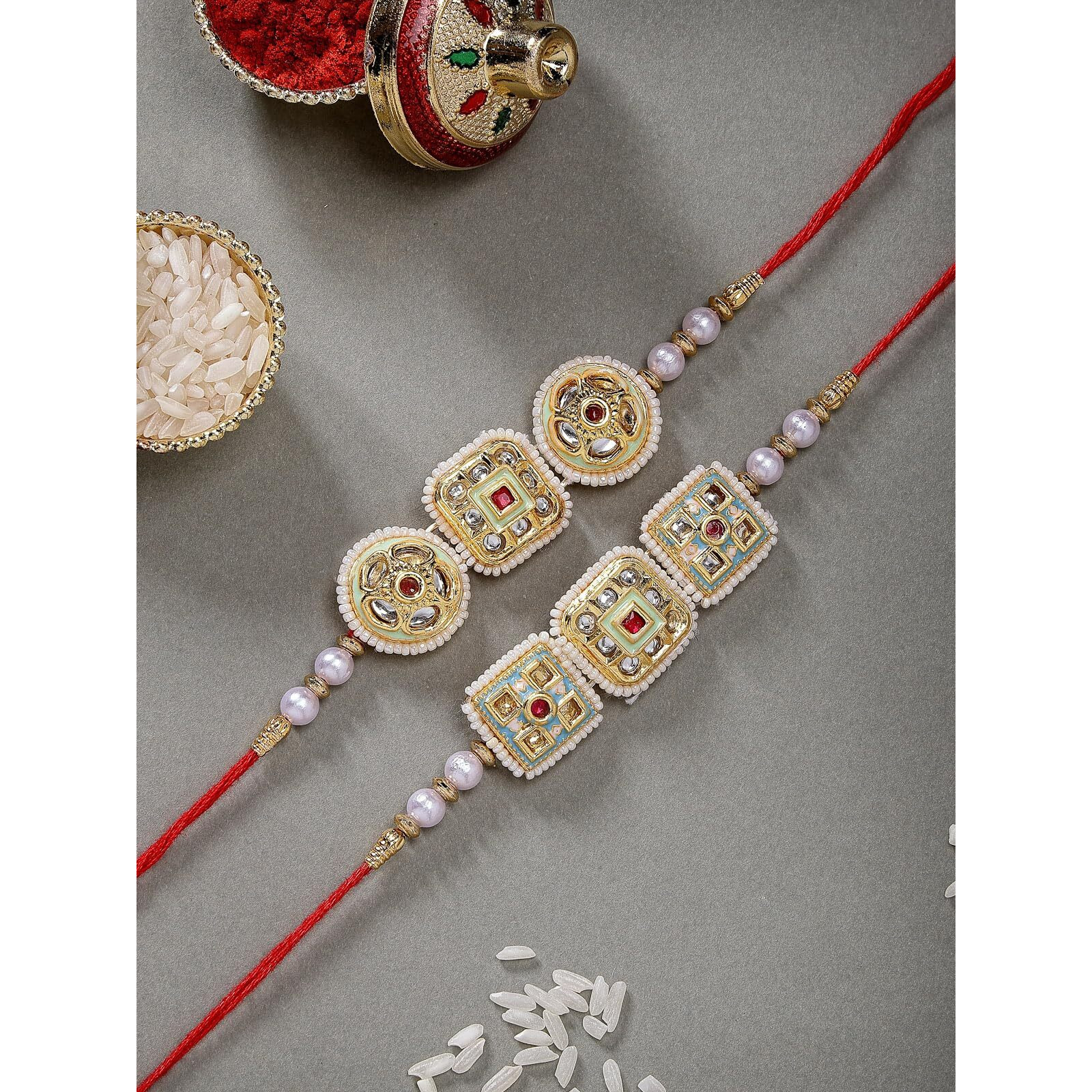 Sukkhi Rakhi Charming Kundan & Beads Designer Meenakari Gold Plated Premium Rakhi For Brother With Roli Chawal & Greeting Card|Rakhi For Brother/Bhaiya/Bhai/Men|Rakhi Combo-Set Of 2|Cbrak106947