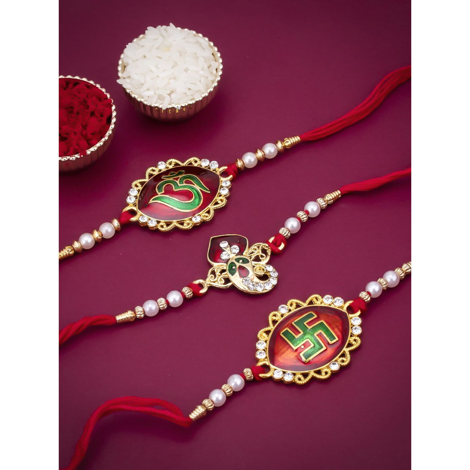 Sukkhi Distinctive Kundan Designer Gold Plated Premium Rakhi For Brother, Roli Chawal & Greeting Card|Combo-Set Of 3 |Cbrak82923)