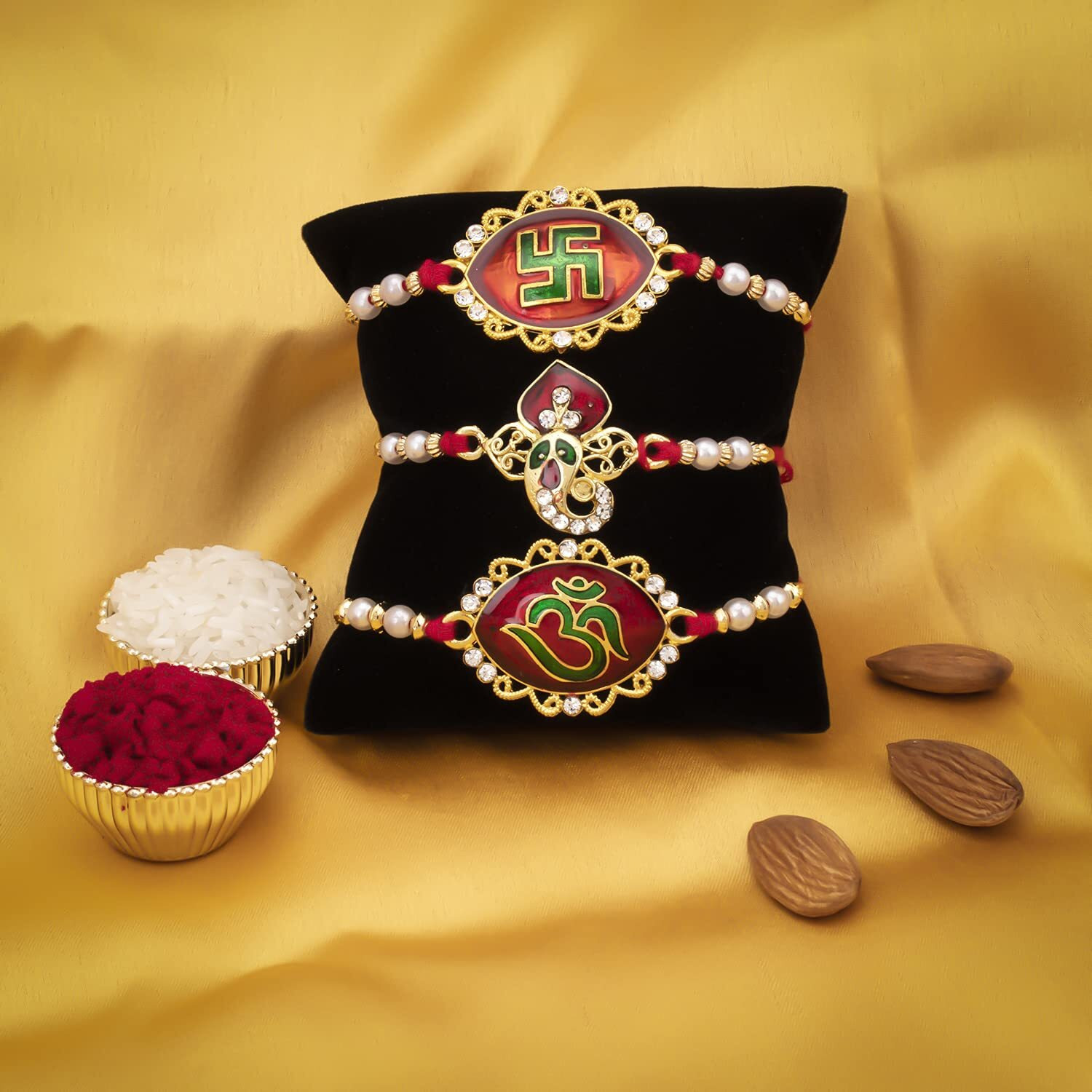 Sukkhi Distinctive Kundan Designer Gold Plated Premium Rakhi For Brother, Roli Chawal & Greeting Card|Combo-Set Of 3 |Cbrak82923)