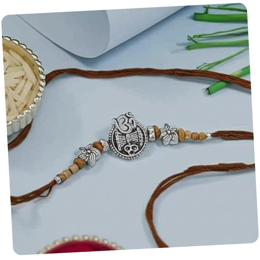I Jewels Silver Plated Om & Trishul Design Rakhi With Roli Chawal & Rakshabandhan Card For Bro/Brother/Bhai (R374Br)