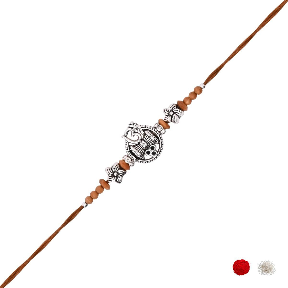 I Jewels Silver Plated Om & Trishul Design Rakhi With Roli Chawal & Rakshabandhan Card For Bro/Brother/Bhai (R374Br)