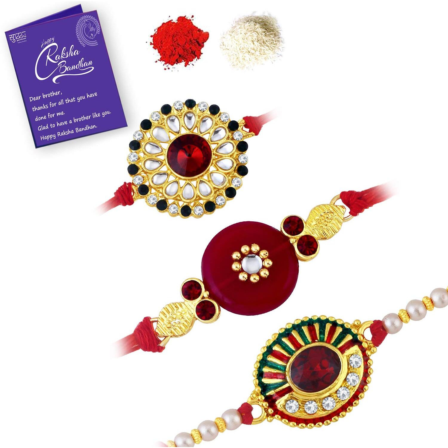 Sukkhi Gold Plated Rakhi Combo Set Of 3 With Roli Chawal And Greeting Card