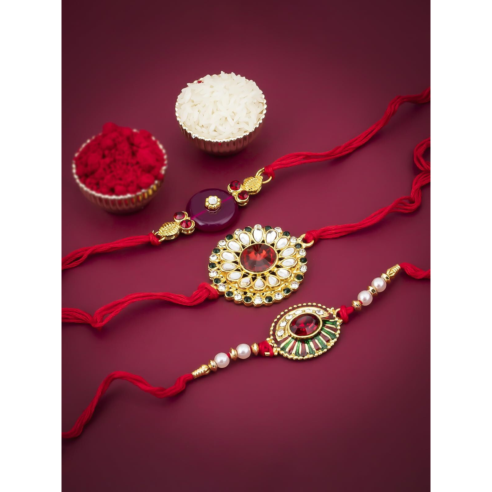 Sukkhi Gold Plated Rakhi Combo Set Of 3 With Roli Chawal And Greeting Card