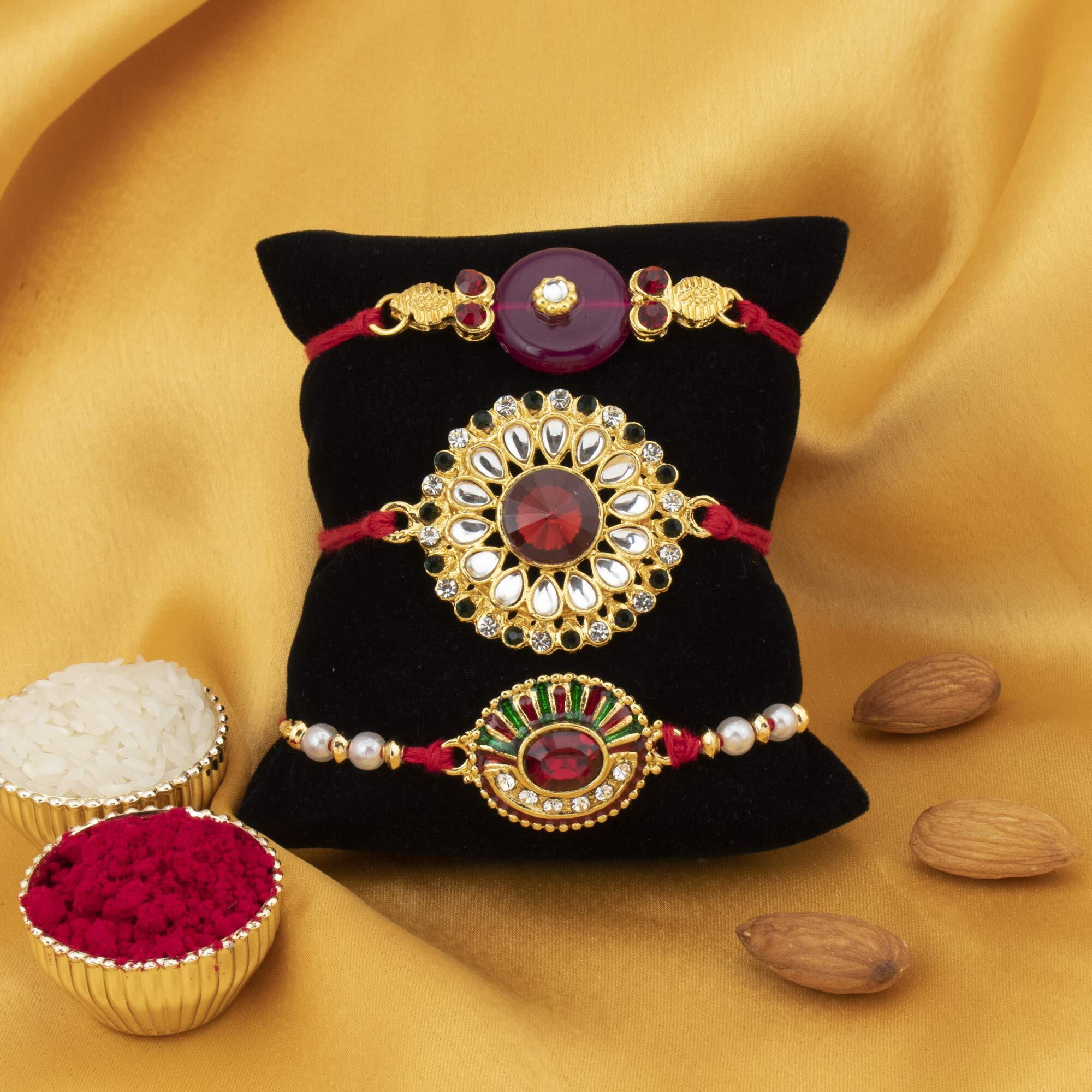 Sukkhi Gold Plated Rakhi Combo Set Of 3 With Roli Chawal And Greeting Card