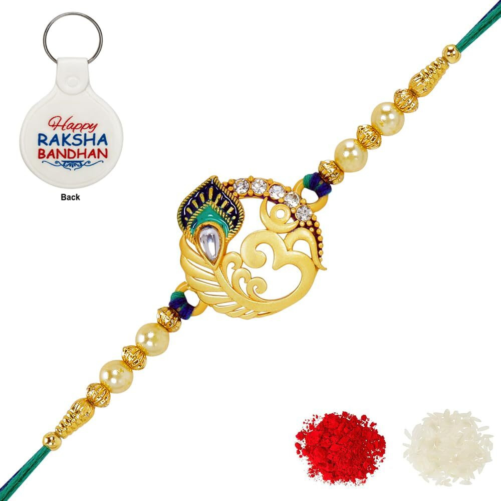 Riddhika Ventures Alluring Gold Plated Om And Peacock Rakhi Gifts (Set Of 1) For Brother, Sister, Bhaiya, Bhabhi With Roli Chawal And Greeting Card One Motivational Keychain (P3K)