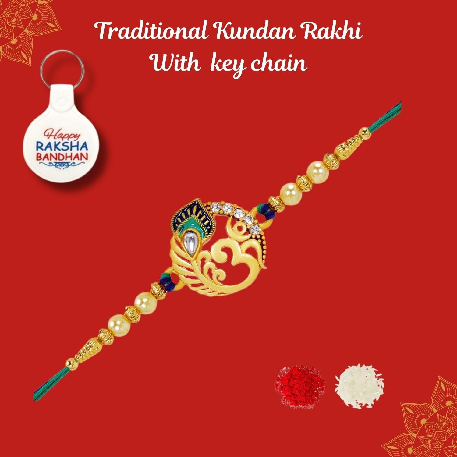 Riddhika Ventures Alluring Gold Plated Om And Peacock Rakhi Gifts (Set Of 1) For Brother, Sister, Bhaiya, Bhabhi With Roli Chawal And Greeting Card One Motivational Keychain (P3K)