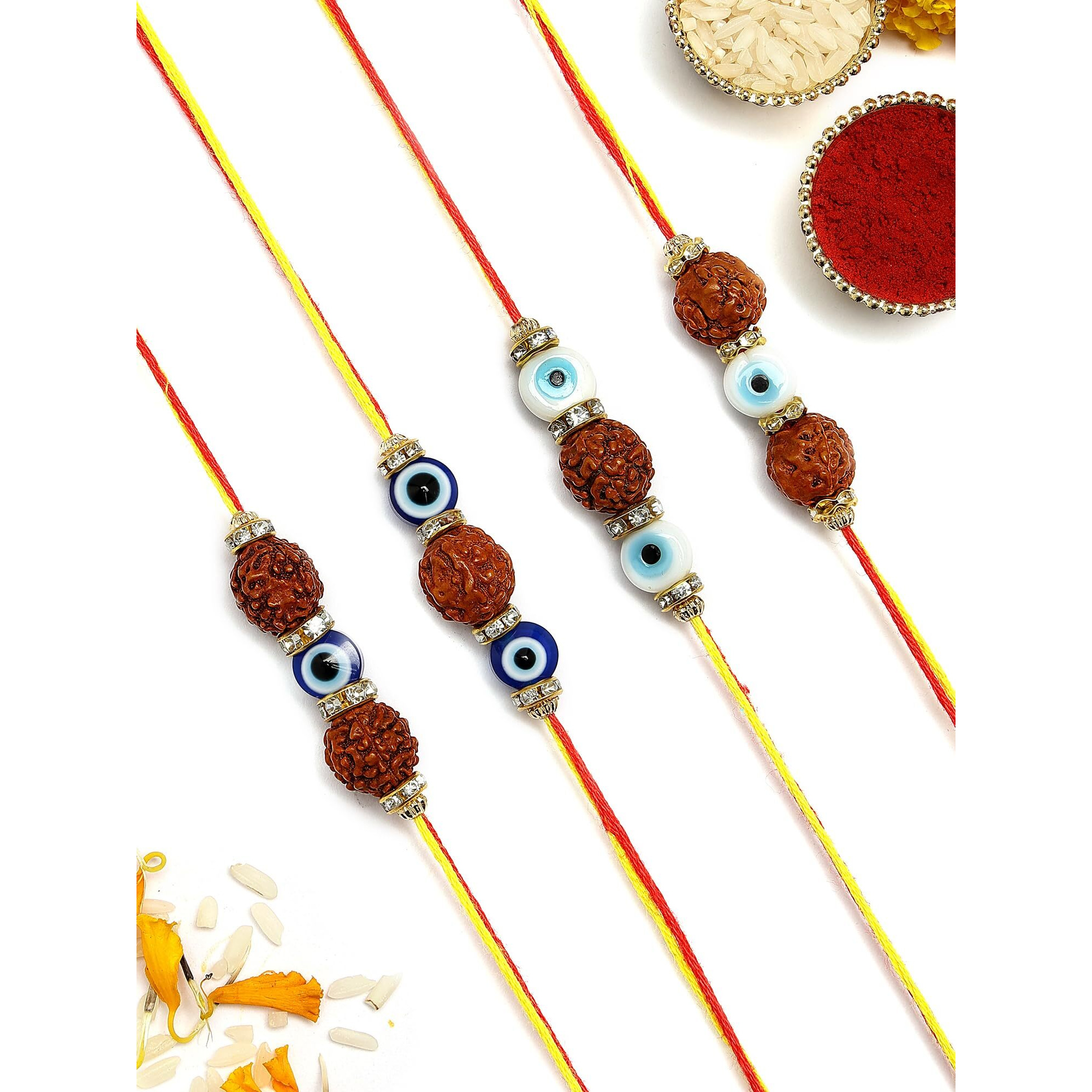 Karatcart Set Of 4 Handmade Rudraksha Meenakari Evil Eye Kundan Rakhis For Brother With Roli And Chawal