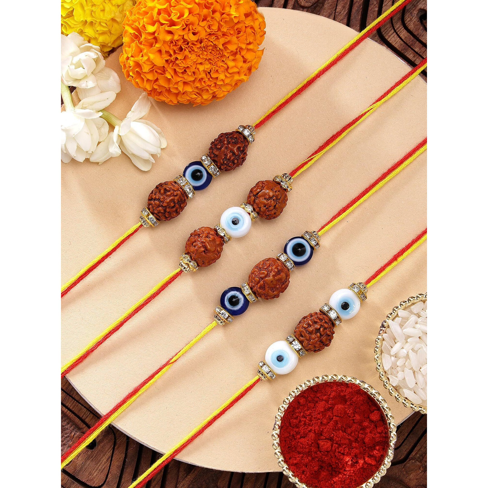 Karatcart Set Of 4 Handmade Rudraksha Meenakari Evil Eye Kundan Rakhis For Brother With Roli And Chawal