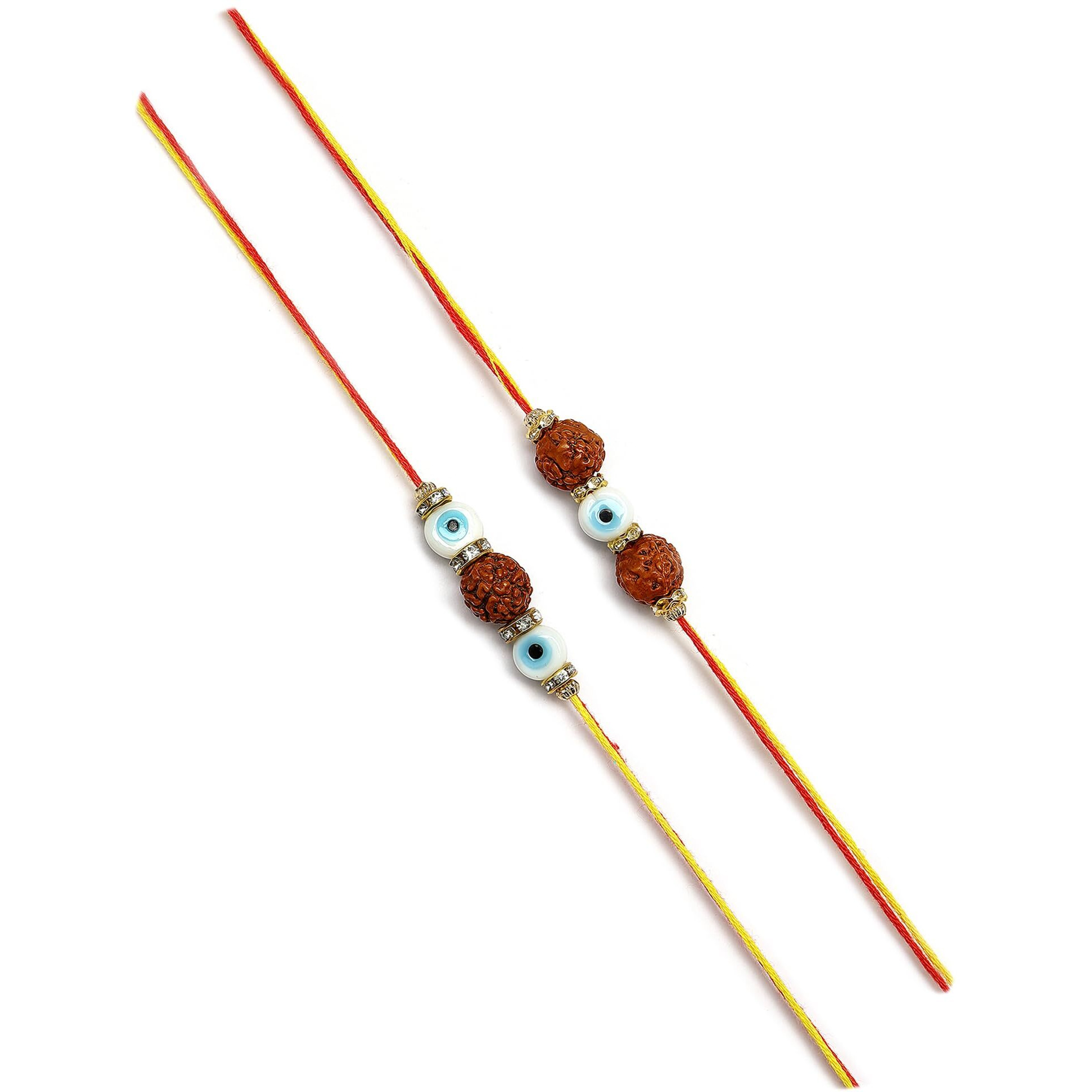 Karatcart Set Of 4 Handmade Rudraksha Meenakari Evil Eye Kundan Rakhis For Brother With Roli And Chawal