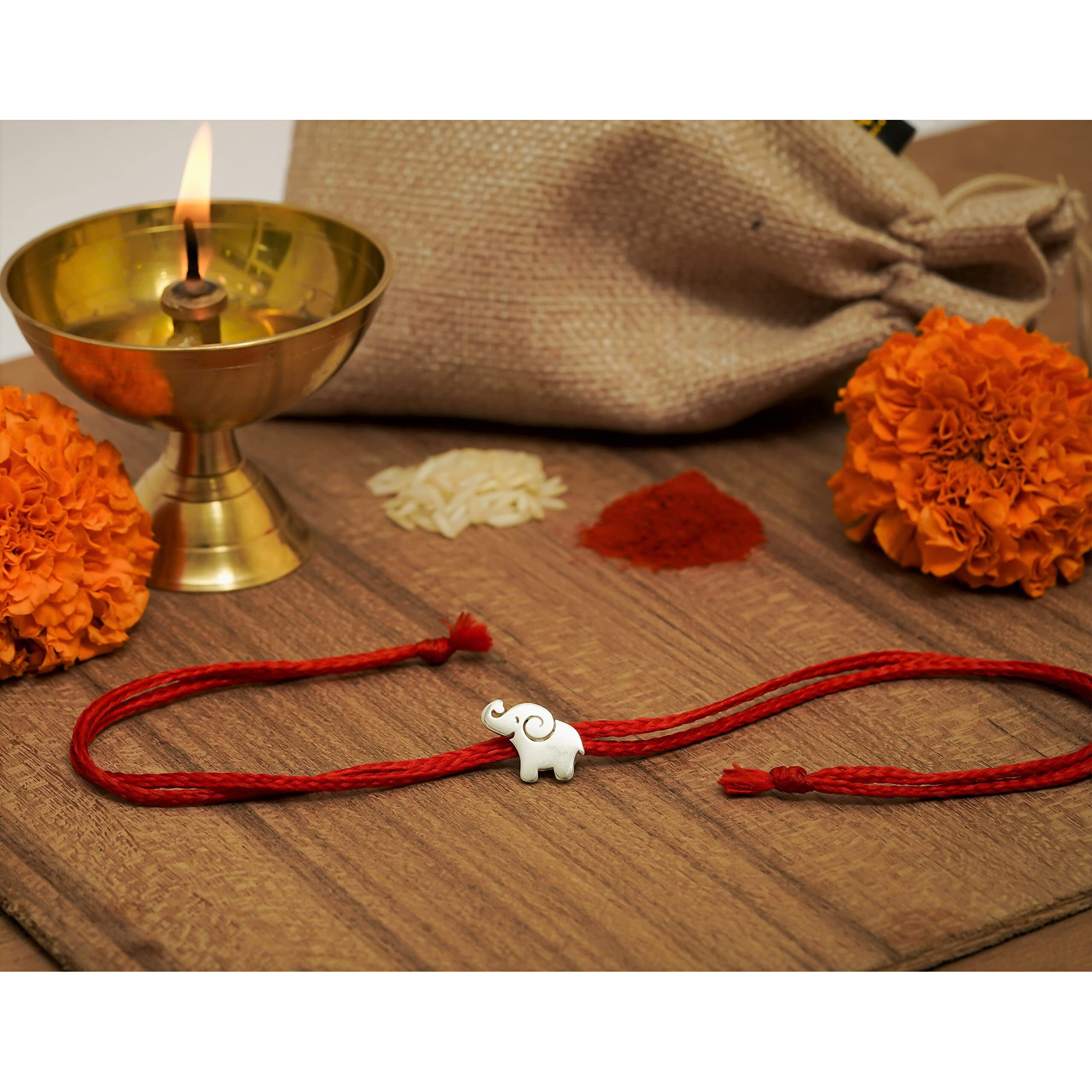 Meenakari 925 Sterling Silver Elephant Rakhi For Kids With Roli Chawal & Rakshabandhan Greeting Card