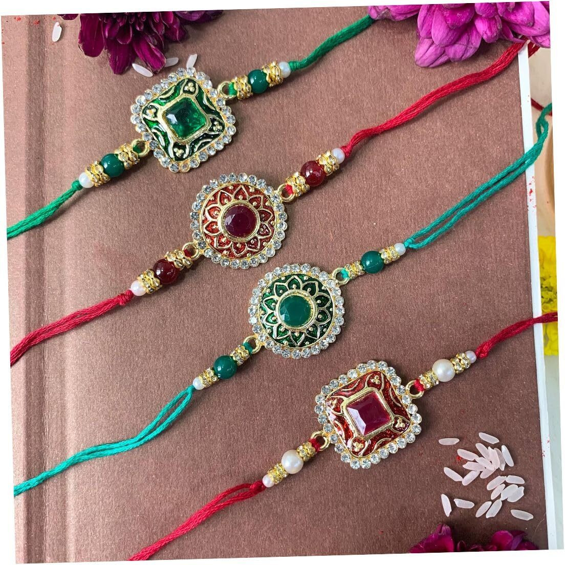 I Jewels Pearl & Kundan Meenakari Bhaiya Rakhi With Roli Chawal For Brother/Bro/Men With Rakshabandhan Card (R098-100-4) (Pack Of 4)