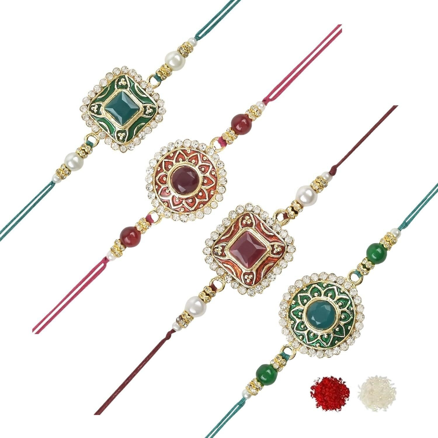 I Jewels Pearl & Kundan Meenakari Bhaiya Rakhi With Roli Chawal For Brother/Bro/Men With Rakshabandhan Card (R098-100-4) (Pack Of 4)