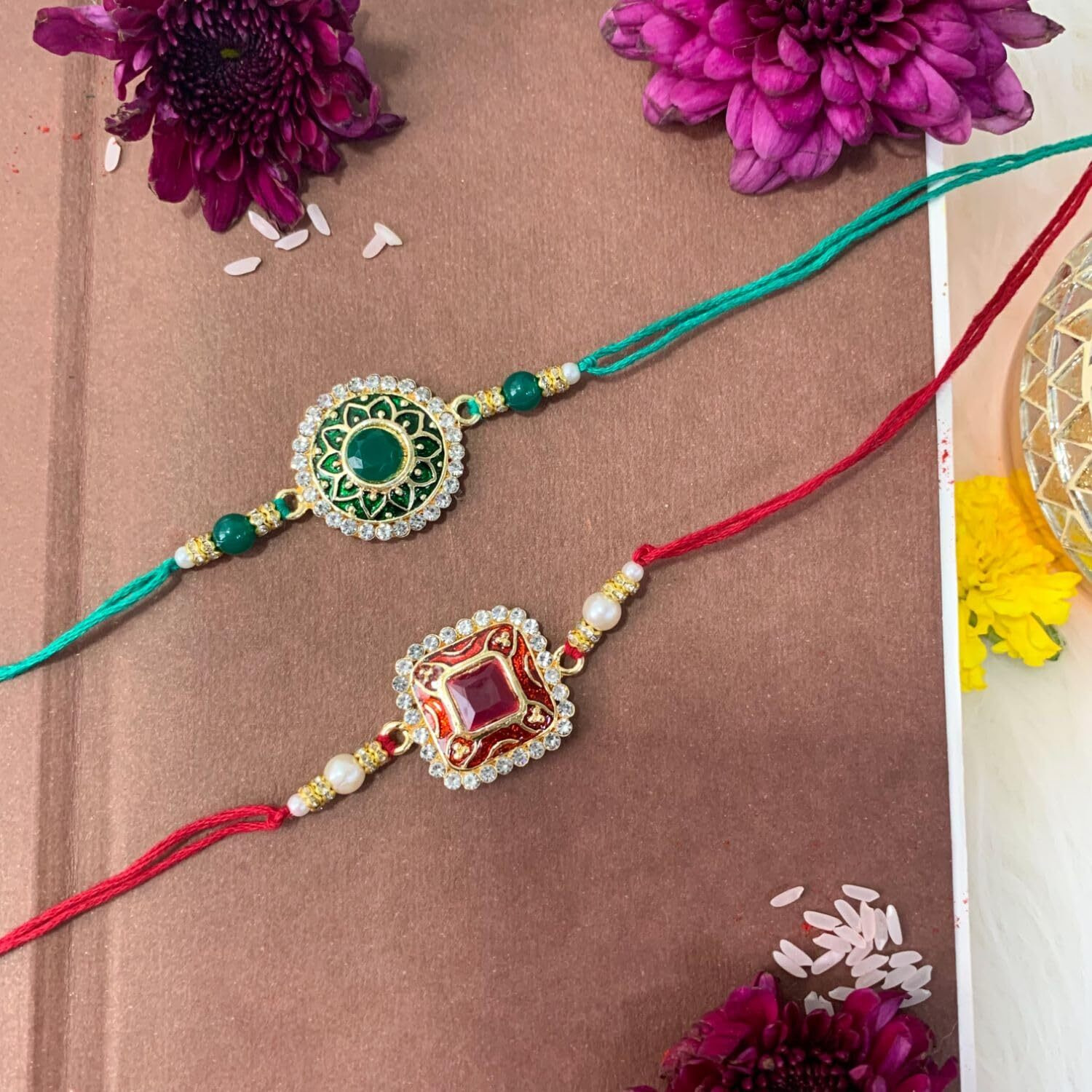 I Jewels Pearl & Kundan Meenakari Bhaiya Rakhi With Roli Chawal For Brother/Bro/Men With Rakshabandhan Card (R098-100-4) (Pack Of 4)