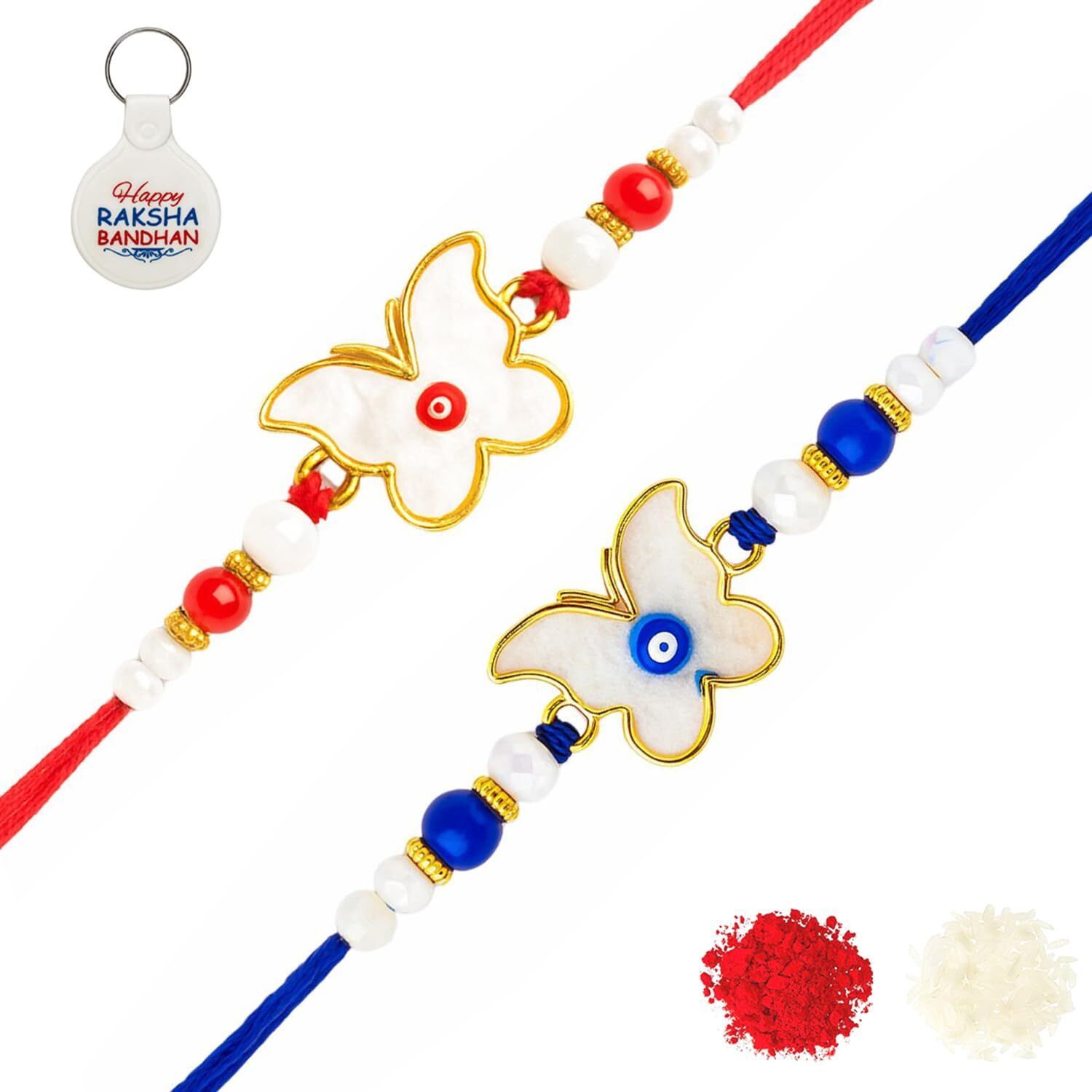Riddhika Ventures Evil Eye Rakhi Protect From Negative Energy (Set Of 2) With Roli Chawal, Greeting Card And And One Motivational Keychain (T1U1K)