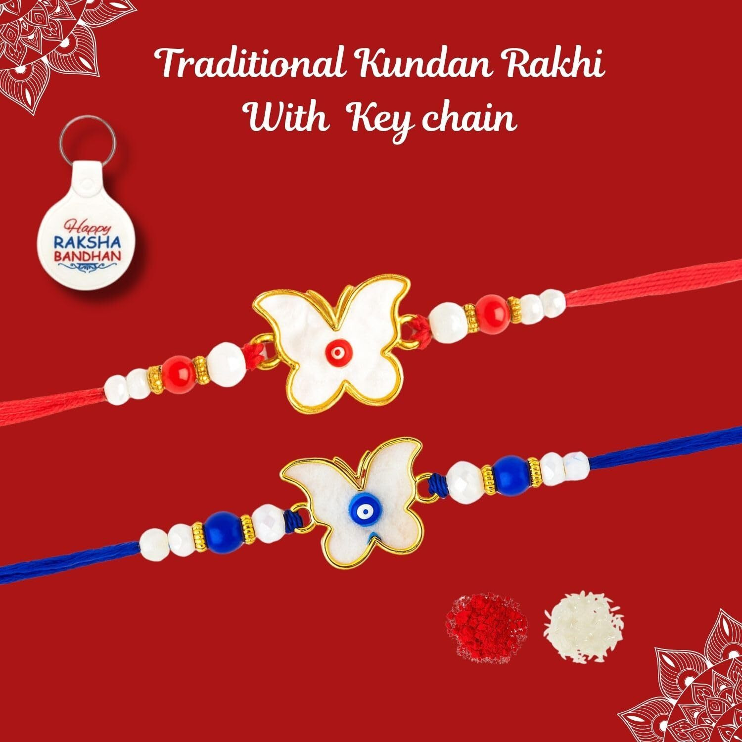 Riddhika Ventures Evil Eye Rakhi Protect From Negative Energy (Set Of 2) With Roli Chawal, Greeting Card And And One Motivational Keychain (T1U1K)