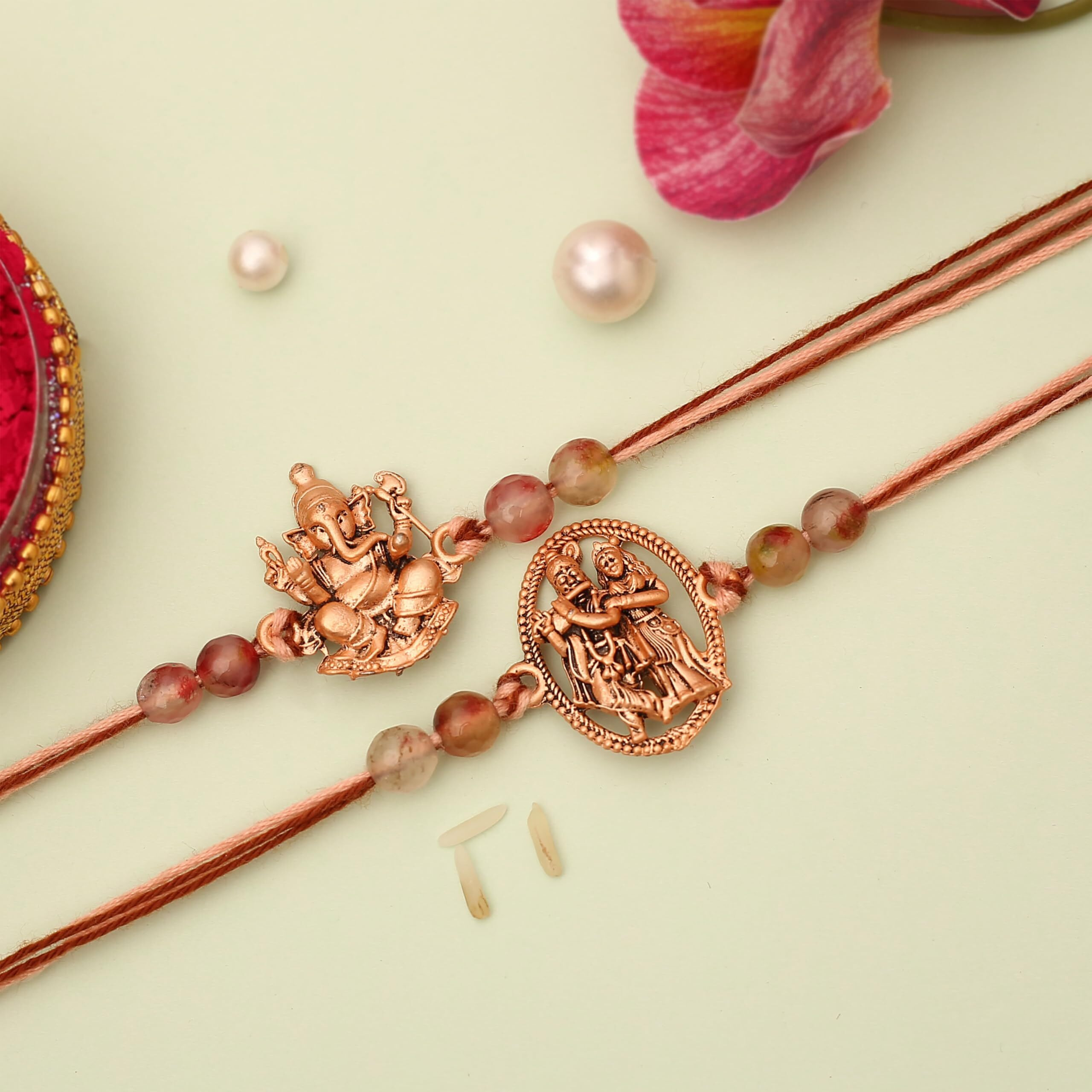 The Purple Tree Rose Gold Divine Ganesha And Radha Krishna Rakhi For Bhai (Pack Of 2), Handmade Rakhi For Brother, Rakshabandhan Gift For Bhai, Best Rakhi For Bhaiya