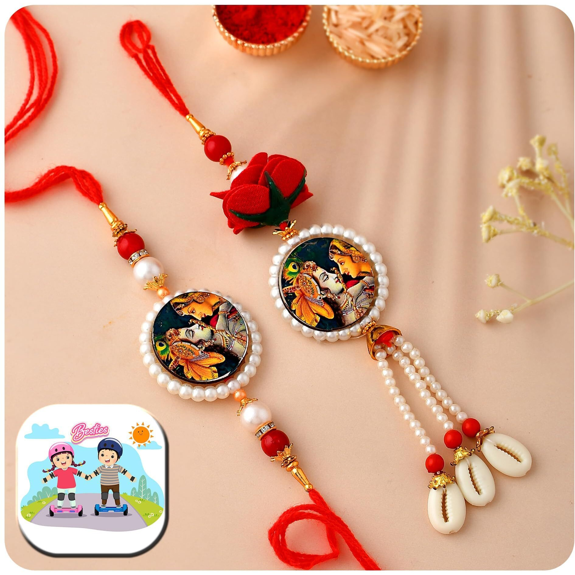 Craftvatika Bhaiya Bhabhi Rakhi Magnet Set Rakhi For Brother And Bhabhi 1 Fridge Magnet Radha Krishna Flower Lumba Rakhi For Couple Designer Rakhi Set, Rakhi With Fridge Magnet