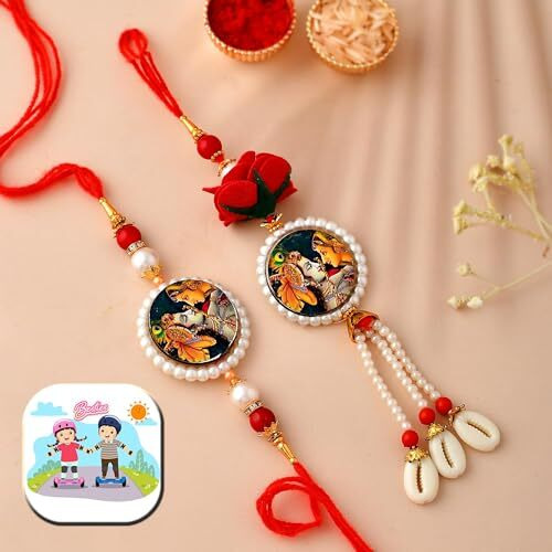 Craftvatika Bhaiya Bhabhi Rakhi Magnet Set Rakhi For Brother And Bhabhi 1 Fridge Magnet Radha Krishna Flower Lumba Rakhi For Couple Designer Rakhi Set, Rakhi With Fridge Magnet