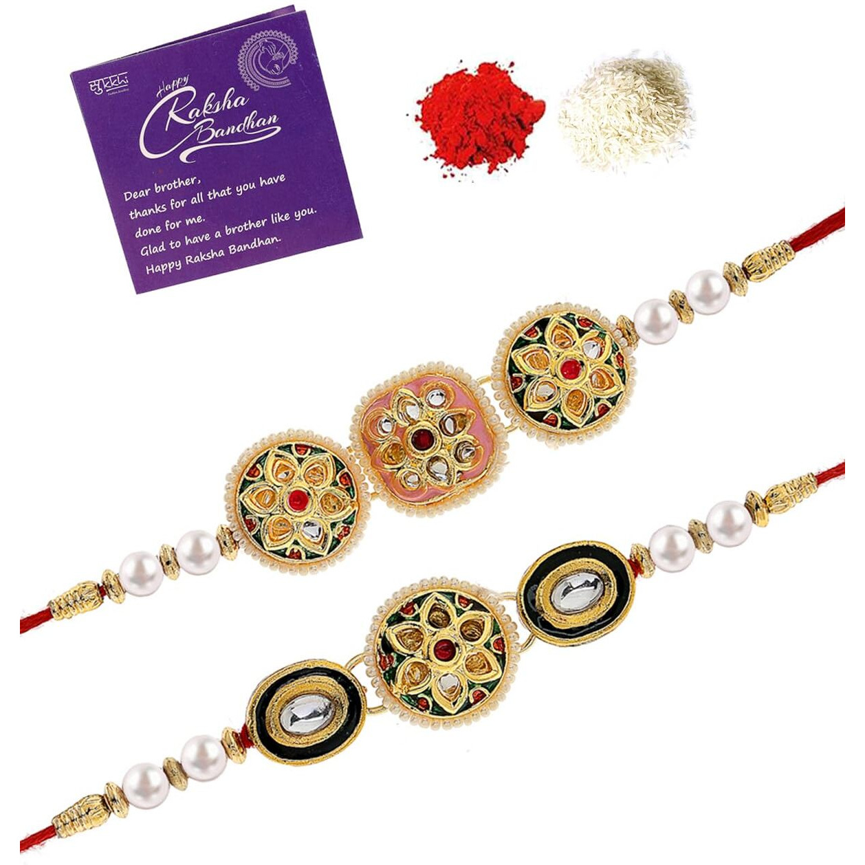 Sukkhi Rakhi Indian Kundan & Pearls Designer Meenakari Gold Plated Premium Rakhi For Brother With Roli Chawal & Greeting Card|Rakhi For Brother/Bhaiya/Bhai/Men|Rakhi Combo-Set Of 2|Cbrak106944