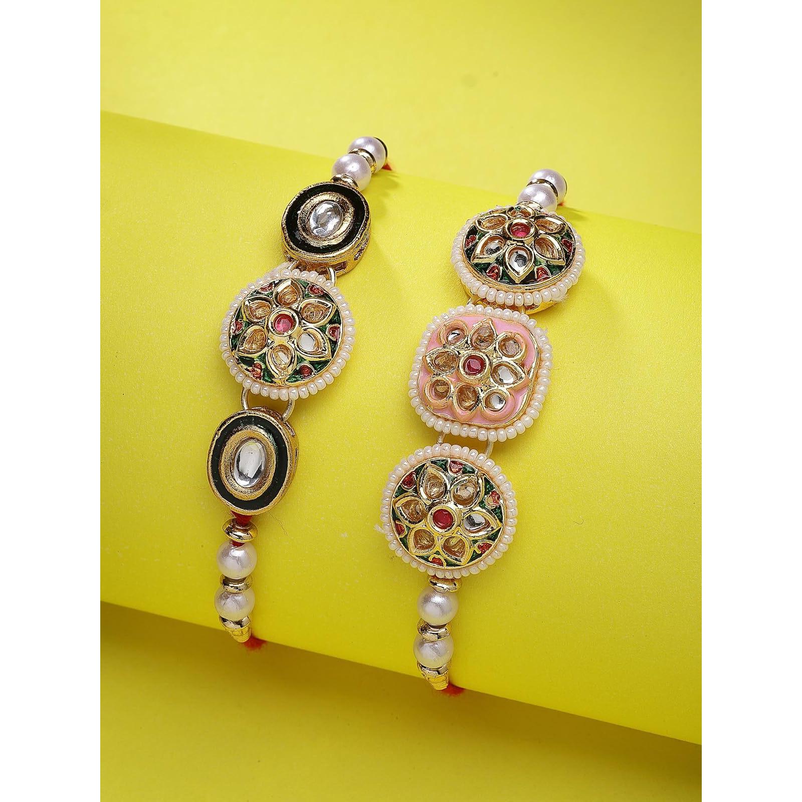 Sukkhi Rakhi Indian Kundan & Pearls Designer Meenakari Gold Plated Premium Rakhi For Brother With Roli Chawal & Greeting Card|Rakhi For Brother/Bhaiya/Bhai/Men|Rakhi Combo-Set Of 2|Cbrak106944