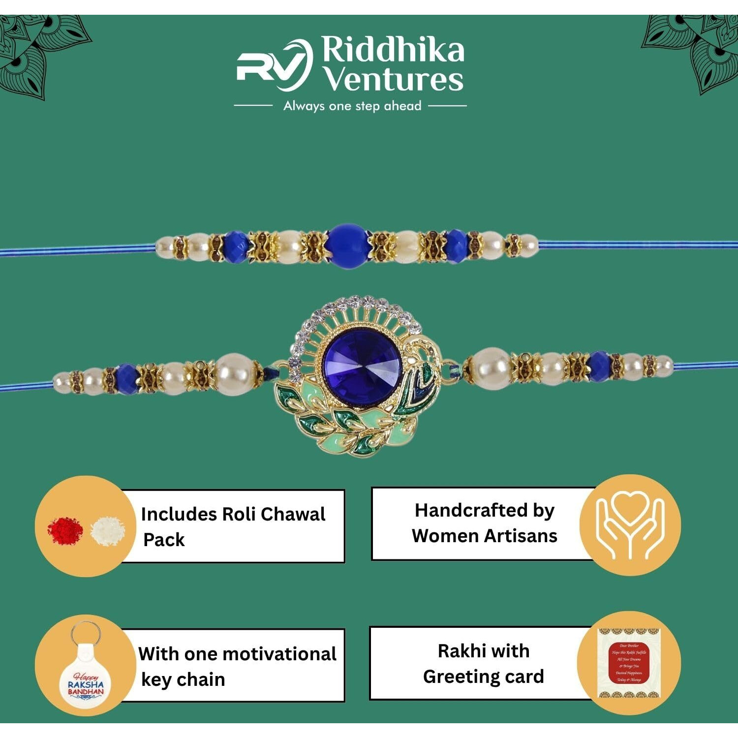 Riddhika Ventures Alluring Gold Plated Bhaiya, Bhabhi Rakhi Gifts (Set Of 2) For Brother, Sister, Bhaiya, Bhabhi With Roli Chawal, Greeting Card And And One Motivational Keychain (K13P23K)