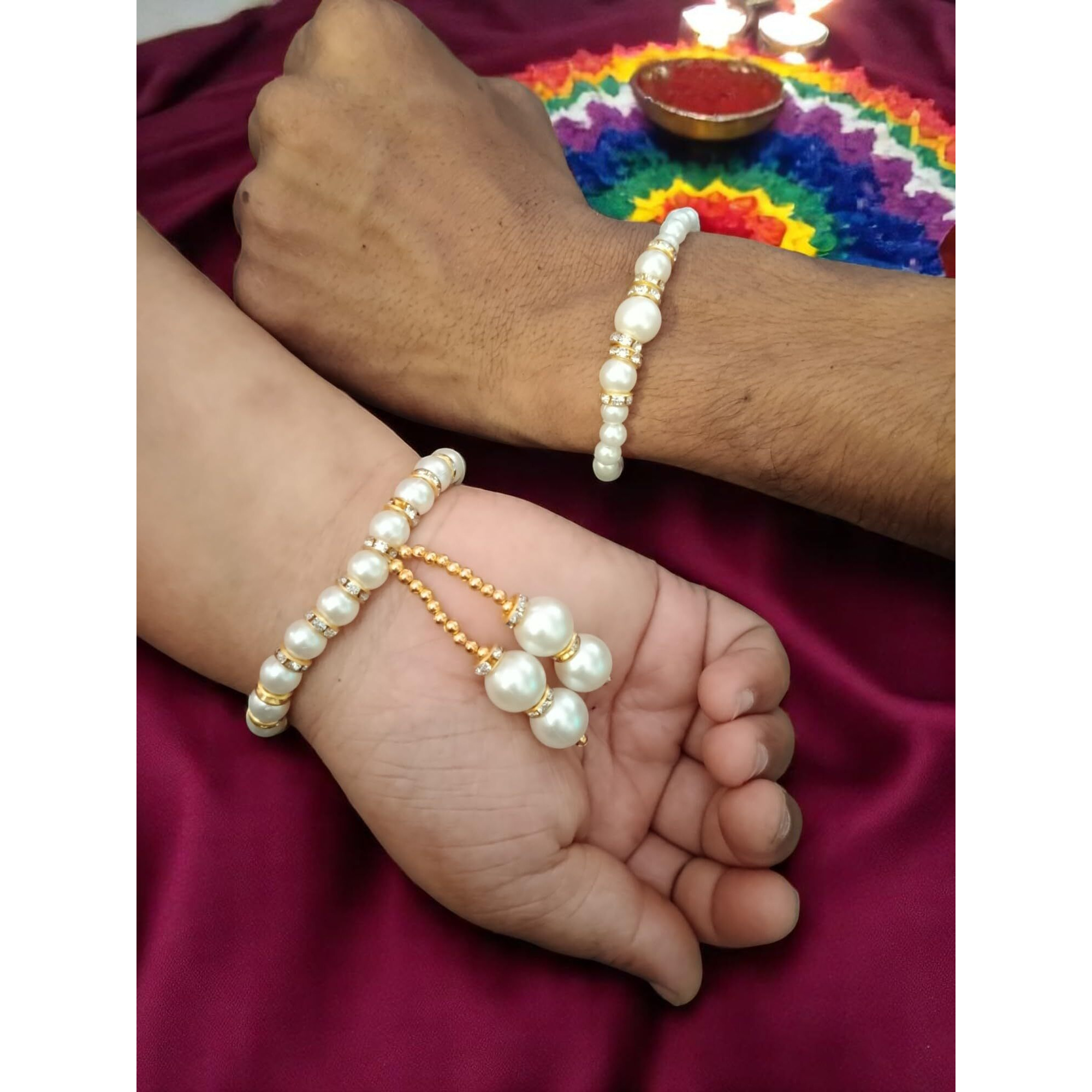 Neobaby Pearl Rakhi Combo Set For Brother & Bhabhi | 2 Pcs Elegant Stone & Pearl Rakhi & 1 Pc Bracelet With Roli & Chawal | Raksha Bandhan Gift Pack For Bhai & Bhabhi