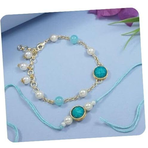 I Jewels Mens Traditional Pearl Beaded Bhaiya Bhabhi Lumba Rakhi/Bracelet With Roli Chawal And Rakshabandhan Card (R157Sb-Co)