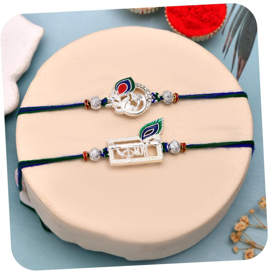 Silver Rakhi Set Of 2 For Brother Boy - Krishna Peacock Rakhi For Bhaiya Bhabhi And Kids With Greeting Card Set